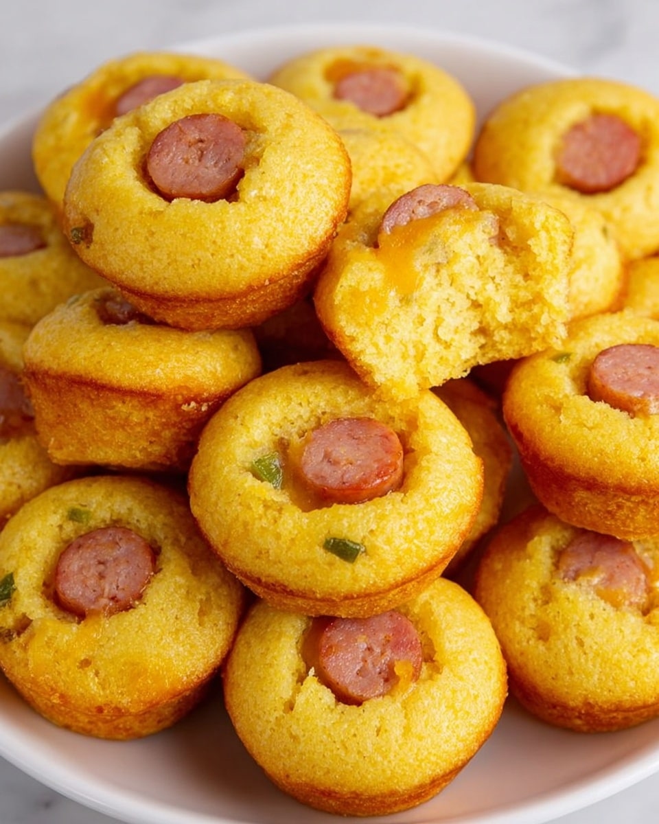 A pile of mini cornbread muffins with a golden yellow color, each muffin containing a slice of sausage in the center, showing a light reddish-brown color with hints of green pepper and melted yellow cheese inside. The muffins have a soft and slightly crumbly texture with rounded tops, tightly stacked in a white bowl set on a white marbled surface. The lighting highlights the warm tones and textures of the muffins, making them look fresh and appetizing. photo taken with an iphone --ar 4:5 --v 7