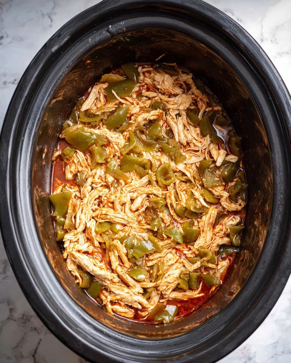 Inside a dark slow cooker pot, there is a single visible layer of shredded chicken mixed with cooked green bell pepper pieces. The chicken is light beige and looks soft, while the green peppers are slightly darker with a soft texture. The dish has a reddish sauce that blends with the shredded chicken and peppers, creating a warm and slightly shiny look. The pot rests on a surface with a white marbled texture. photo taken with an iphone --ar 4:5 --v 7