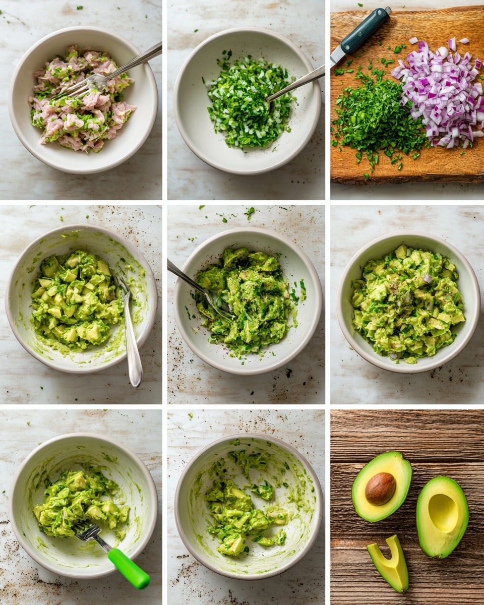 A collage shows nine steps of making an avocado and tuna mix in clear stages: first, a white bowl with chunks of light pink tuna being mashed with a fork; second, a wooden board with finely chopped green herbs at the center and diced purple onions behind; third, a wooden board holding a chopped green avocado with a black and green tool next to it; fourth, mashed green avocado pieces in a white bowl with a fork and the empty avocado skins on the side; fifth, the avocado being mashed more smoothly in the bowl with fork marks visible; sixth, a creamy green mashed avocado mixture in the same bowl; seventh, the avocado mix combined with tuna and black pepper in the bowl; eighth, the bowl with the mix now having chopped herbs and onions stirred in; and ninth, two avocado skin halves filled with the mixed salad, placed on the wooden surface. All photos have a white marbled texture background. photo taken with an iphone --ar 4:5 --v 7