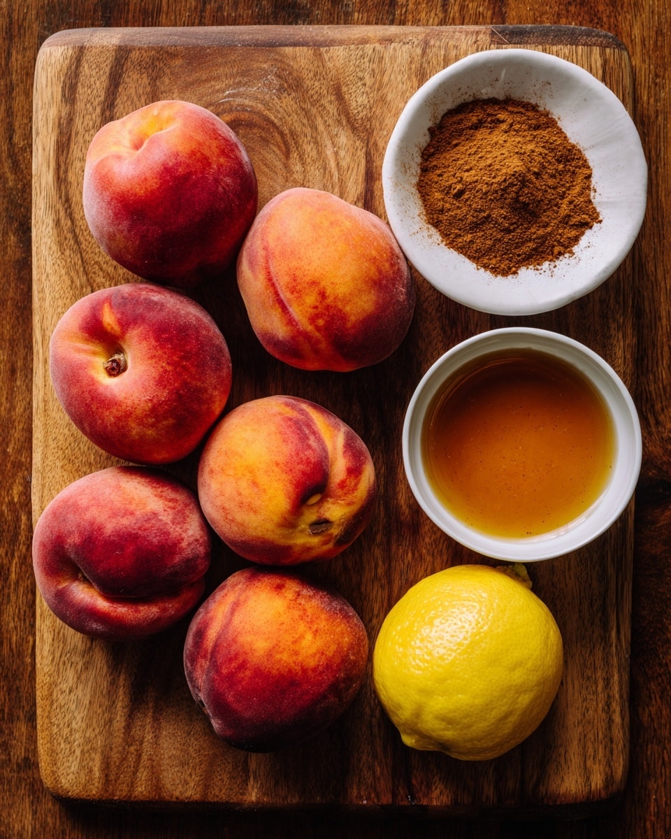 The image shows a wooden board with six peaches, each with a reddish-orange skin and smooth texture, spread out in a loose grouping. To the right of the peaches, there is a small white bowl with a small pile of brown cinnamon powder. Next to it sits a whole bright yellow lemon and a white bowl filled with amber-colored maple syrup with a smooth, liquid surface. The wooden board has a rich, natural grain that contrasts with the colors of the fruit and spices. The photo taken with an iphone --ar 4:5 --v 7