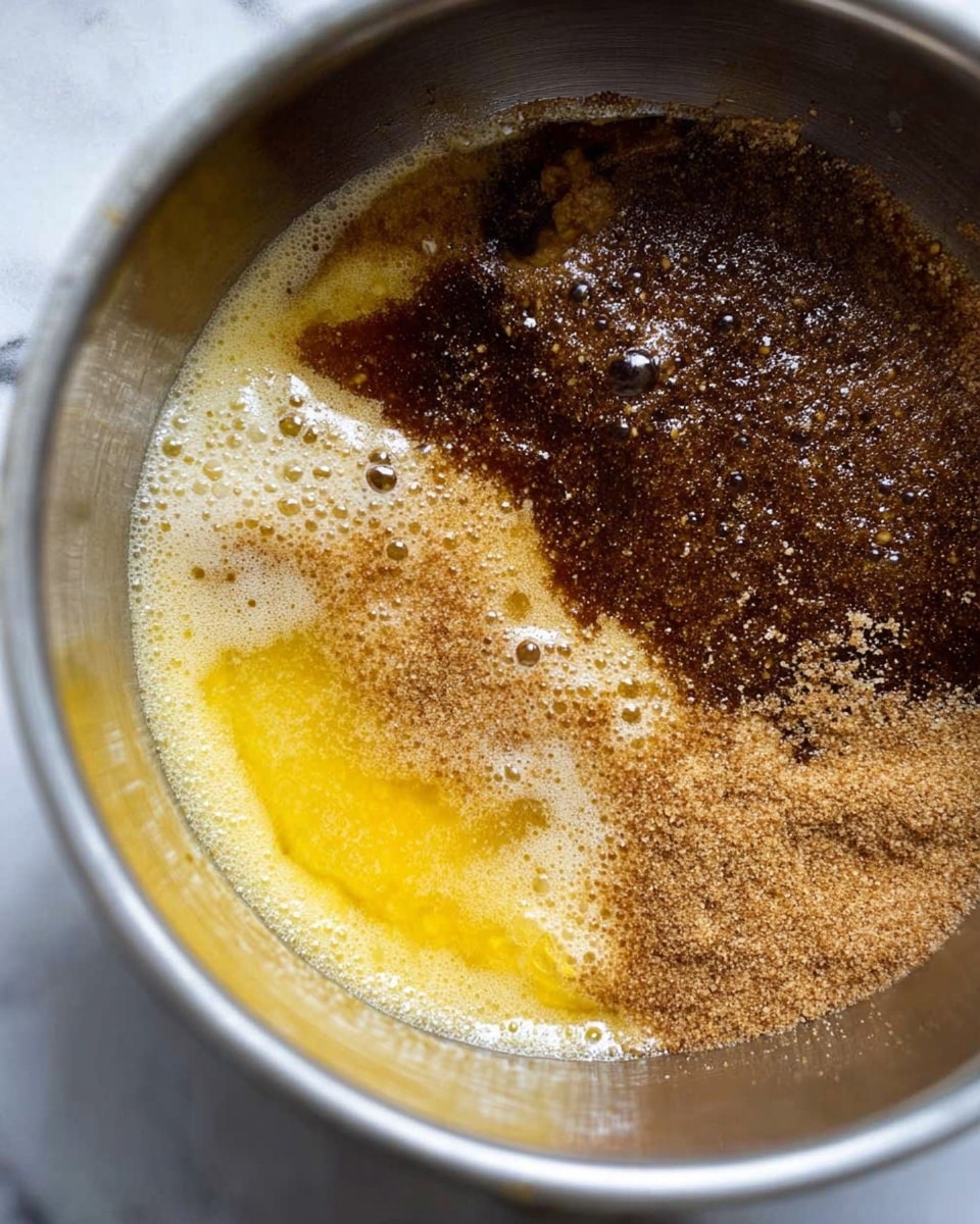 The image shows a close-up of a silver bowl with three main layers inside: a bubbly, melted yellow butter layer on the right side, a thick, dark brown layer of sugar mixture on the left, and a lighter brown layer of granulated sugar sprinkled mostly over the darker part. The textures are shiny and wet, mixing slightly at the edges where the layers meet. The background is a white marbled texture. photo taken with an iphone --ar 4:5 --v 7