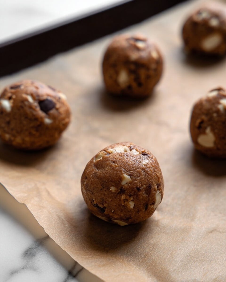 The image shows five round cookie dough balls placed on a single layer of brown parchment paper on a baking tray. Each dough ball has a rich brown color with visible chunks of white and dark chocolate embedded in them, giving a speckled texture. The dough balls are spaced apart, with one prominently in the front center and the others slightly blurred in the background, all sitting on a white marbled surface. The overall look is soft and ready to be baked. Photo taken with an iphone --ar 4:5 --v 7