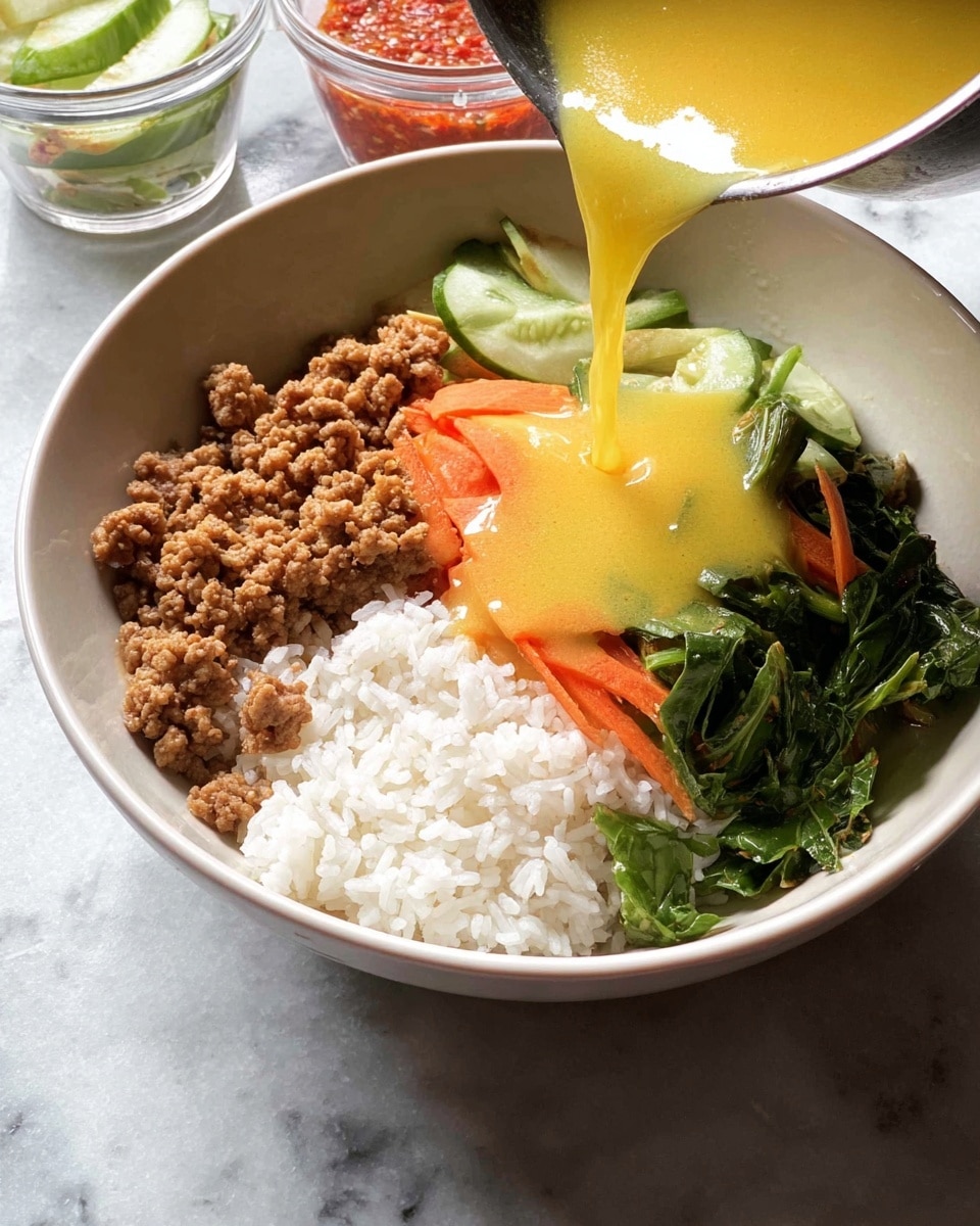 A white bowl sits on a white marbled surface, filled with three main layers: at the bottom, white rice with a slightly shiny texture; on the left side, a layer of cooked ground meat that looks crumbly and brown; on the right side, bright orange carrots and green leafy vegetables with a soft, cooked look; a thick yellow sauce is being poured from a metal bowl over the rice and meat, creating a glossy layer on the bottom of the bowl. In the background, there are two small clear glass containers, one with red sauce and the other partially visible with green slices. photo taken with an iphone --ar 4:5 --v 7