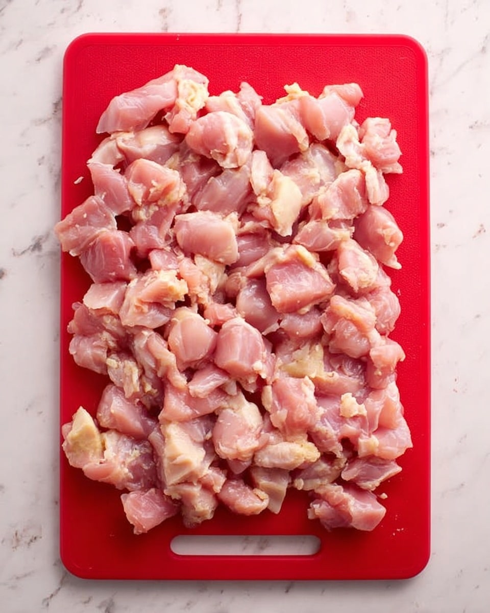 The image shows small, raw chicken pieces spread out evenly on a red cutting board. The chicken pieces are pale pink with some patches of light yellow fat. The red cutting board has rounded corners and is placed on a white marbled surface. photo taken with an iphone --ar 4:5 --v 7