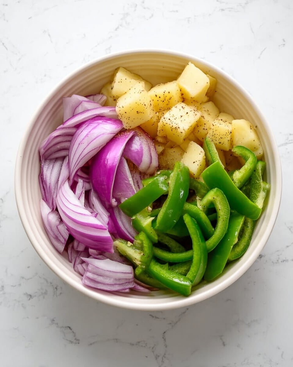 A white bowl on a white marbled surface holds three layers of chopped vegetables. On the left side are thin, curved slices of purple onion with a smooth texture. On the right side, there are long, curved strips of bright green bell pepper with a slightly glossy skin. On the top middle, there are small light yellow potato cubes sprinkled with black pepper. The colors and shapes are clearly separated in the bowl, showing freshness and preparation. Photo taken with an iphone --ar 4:5 --v 7