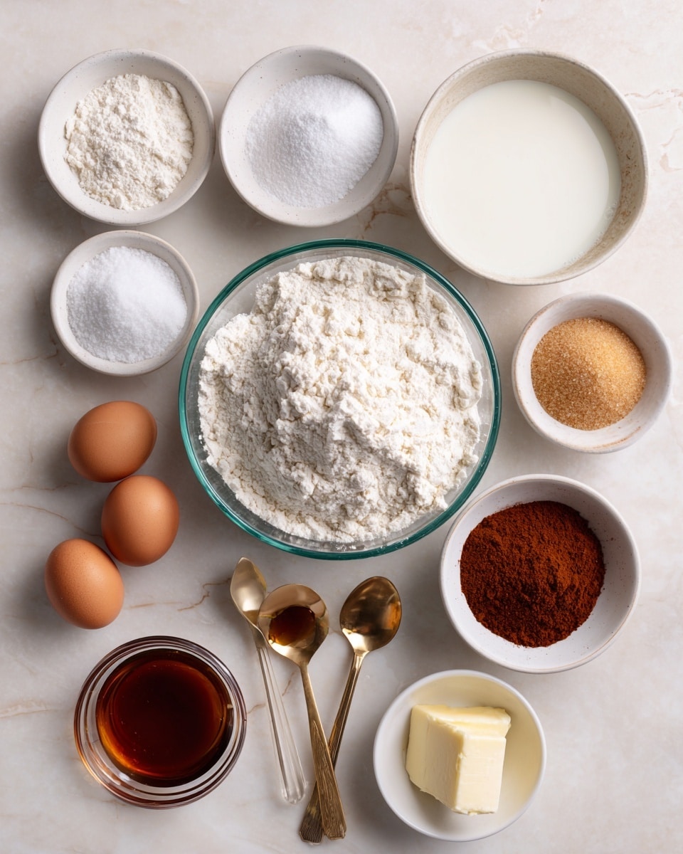 The image shows a top view of baking ingredients neatly arranged on a white marbled surface. There are nine clear glass bowls and white bowls containing different items: a large bowl of white flour with a swirl pattern, a medium bowl of creamy white milk, a small bowl of light brown melted butter, another small bowl of medium brown brown sugar, and a white bowl with three white powders labeled salt, baking powder, and baking soda. Two brown eggs sit directly on the surface. Two silver spoons hold dark vanilla extract and brown cinnamon powder, placed side by side near the eggs. A small clear glass bowl holds amber maple syrup. Each ingredient is clearly labeled with simple black text. The composition is clean, bright, and organized, with even lighting. photo taken with an iphone --ar 4:5 --v 7