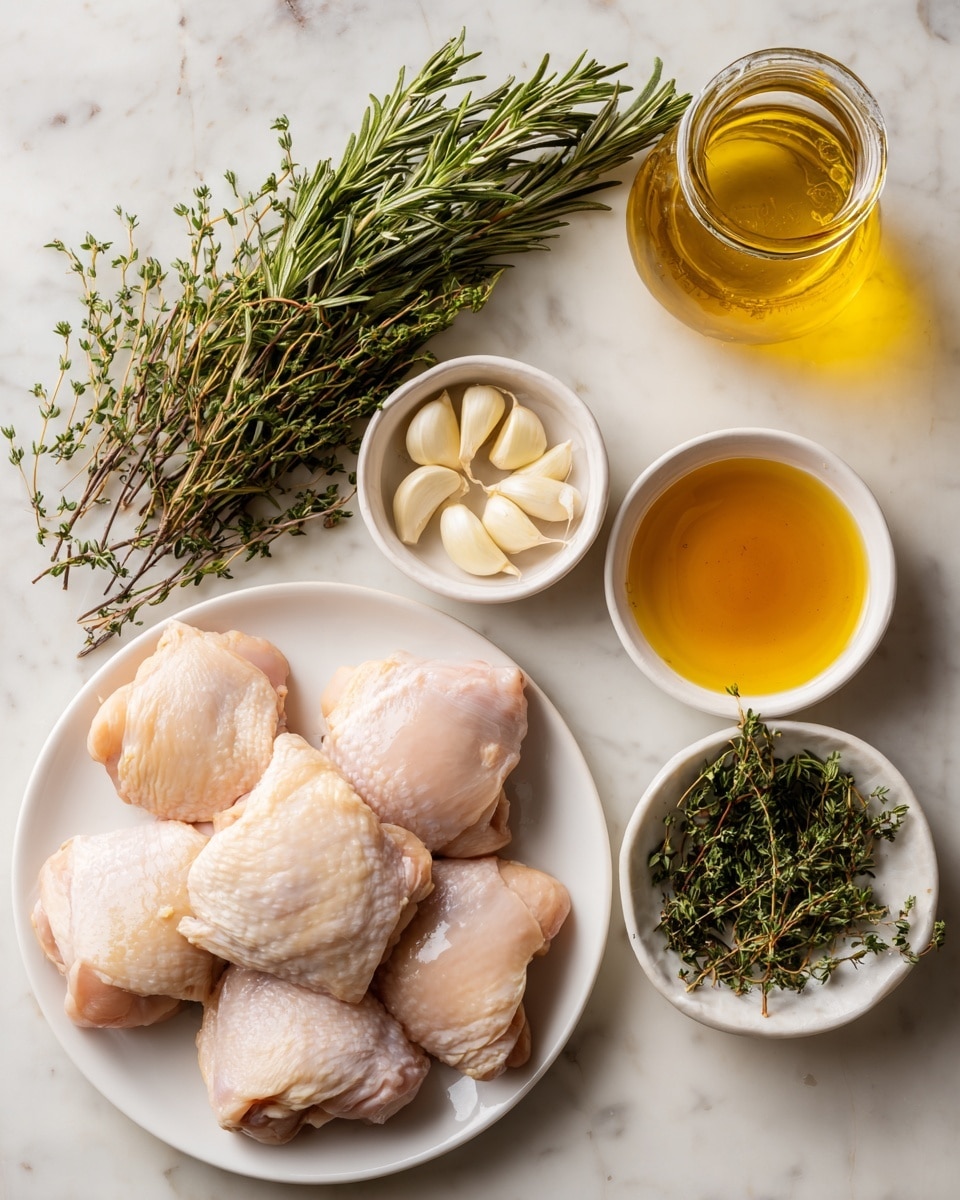 The image shows several cooking ingredients placed on a white marbled surface. In the bottom left corner, there is a white plate filled with raw chicken thighs, pale pink in color and smooth in texture. Above the plate, a small bunch of fresh rosemary with dark green, needle-like leaves lies loose on the surface. Above the rosemary, there is a clear glass jar containing golden yellow olive oil. To the right of the jar, a small white bowl holds a light brown liquid labeled as apple cider vinegar. Below this, another white bowl contains a golden yellow, smooth honey. Near the bottom right, a small white bowl is filled with fresh thyme leaves that are green with some hints of purple. Below this bowl, three peeled garlic cloves rest directly on the white marbled surface, showing their pale skin and smooth texture. photo taken with an iphone --ar 4:5 --v 7