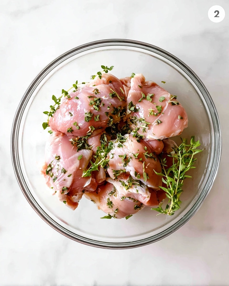 A clear glass bowl sits on a white marbled surface, holding several pieces of raw, pink chicken thighs scattered with small green herb leaves and sprigs. The chicken pieces are plump and moist, slightly shiny with a light mix of herbs spread evenly on top and around. The scene is clean and bright, focusing on the natural color and texture of the raw chicken and herbs. Photo taken with an iphone --ar 4:5 --v 7