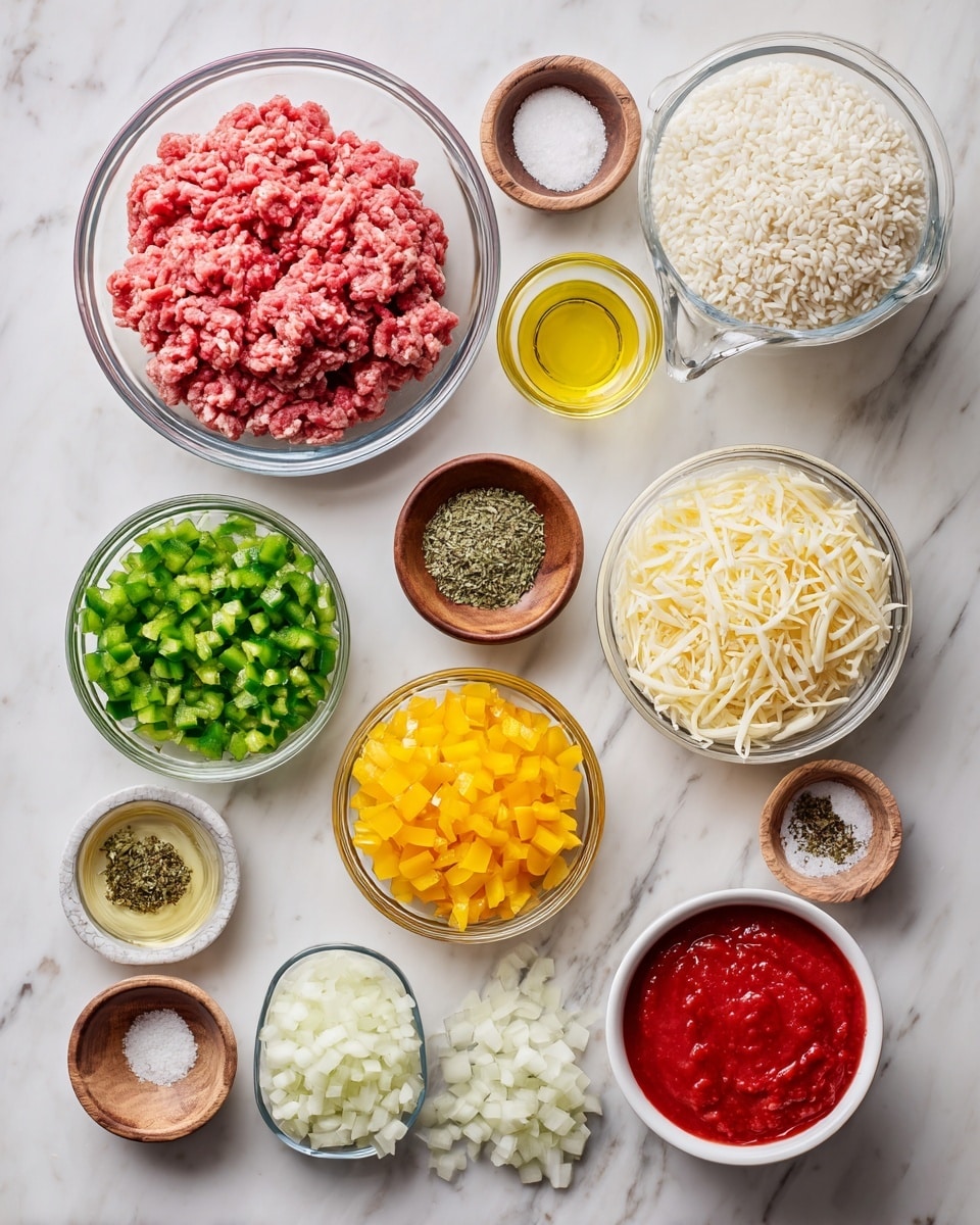 The image shows ingredients for a recipe arranged neatly on a white marbled surface. At the bottom center, there is a clear glass bowl filled with raw ground beef, pink and chunky. Above it, a medium glass bowl holds white uncooked rice with a coarse texture. To the left of the rice is a small glass bowl of bright green chopped green peppers, and below it, a small white bowl with pale yellow olive oil. To the right of the rice is a small glass bowl of diced yellow peppers, bright and shiny. Below the yellow peppers is another clear bowl with finely chopped white onions. Two small wooden bowls sit at the top left: one contains dried oregano, green and flaky, and the other holds coarse salt and pepper, white and black granules mixed. Next to them, a wooden bowl filled with light tan garlic powder is placed. At the top right, a clear measuring cup with yellow chicken broth is visible. Centered above the rice is a clear bowl filled with shredded cheese, pale yellow and stringy. At the bottom right, a small white bowl contains deep red tomato paste, thick and smooth. Next to the green peppers, a clear bowl of chopped red tomatoes sits, bright and juicy. The overall layout is clean and organized, with bright colors from the fresh vegetables contrasting with the raw beef and white bowls photo taken with an iphone --ar 4:5 --v 7