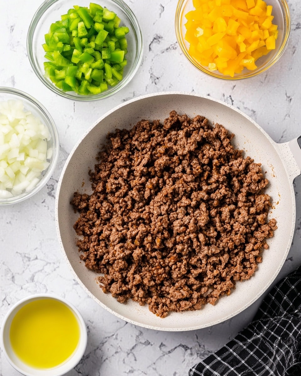 A white pan filled with cooked, browned ground meat sits in the center on a white marbled surface. Around the pan are three small clear bowls with finely chopped vegetables: green bell peppers in the top left, yellow bell peppers in the top right, and white onions at the bottom right. At the bottom left, there is a small white bowl filled with yellow cooking oil. A dark cloth with a checkered pattern is partially visible on the right side of the image. The scene is bright and clean. photo taken with an iphone --ar 4:5 --v 7