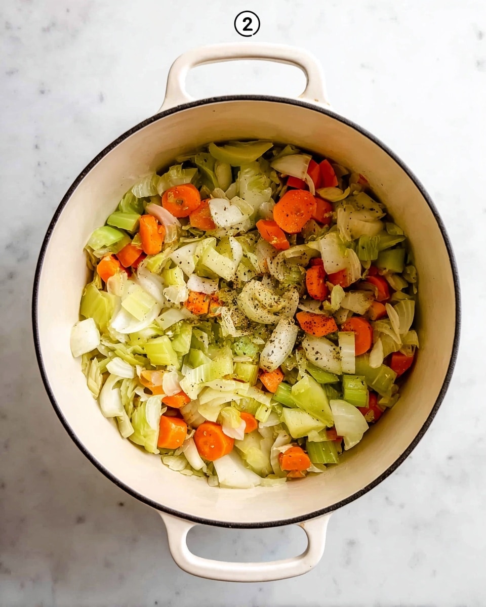 Inside a large white pot with two rounded handles visible on top and bottom edges, there is one visible layer of mixed chopped vegetables including white onion pieces, orange carrot chunks, light green celery slices, and pale green leek rings, seasoned lightly with specks of black pepper and herbs scattered evenly across the vegetables, sitting on a white marbled textured surface photo taken with an iphone --ar 4:5 --v 7