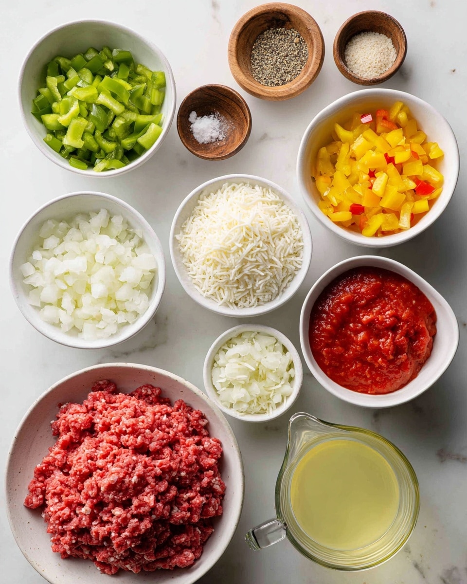 The image shows several small white bowls arranged on a white marbled surface, each holding different ingredients. At the center bottom is a bowl filled with raw ground beef, rich red and textured. Above it is a bowl of white uncooked rice with a grainy texture. To the left of the rice is bright green diced green peppers in a bowl, and above it is a bowl with chopped red tomatoes. To the right of the rice is a bowl of yellow diced yellow peppers. Directly to the right bottom is a white bowl with some red tomato paste, smooth and thick. Above that is a bowl filled with diced white onions. Near the top center is a bowl holding shredded white cheese. On the top left are two small wooden bowls, one with coarse salt and black pepper mix and another with light beige garlic powder. At the top right is a clear measuring cup with light yellow chicken broth. Bottom left on a small white bowl is clear olive oil. Each ingredient is clearly labeled with bold black text above or next to the bowl. The overall setting is bright and clean, with everything neatly placed and easy to identify photo taken with an iphone --ar 4:5 --v 7
