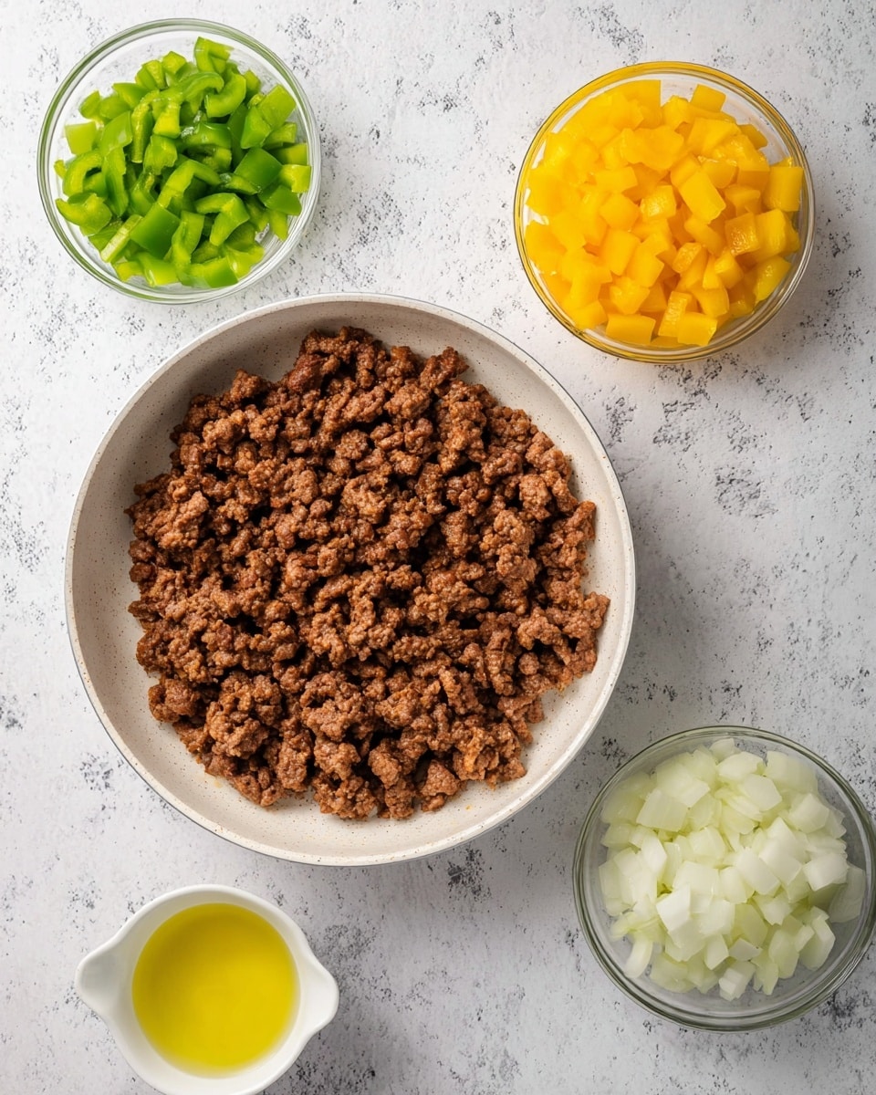 A large white pan filled with one layer of cooked, crumbled brown meat, with a slightly rough texture. Around the pan, from the top left clockwise, are three small clear glass bowls. The top bowl contains chopped green bell peppers in small square pieces. The top right bowl has chopped yellow bell peppers, also in small square pieces. The bottom right bowl holds diced white onions, all cut into small cubes. To the bottom left is a small white cup filled with a smooth pale yellow liquid, likely oil. All items rest on a white marbled surface with subtle gray lines and speckles. photo taken with an iphone --ar 4:5 --v 7