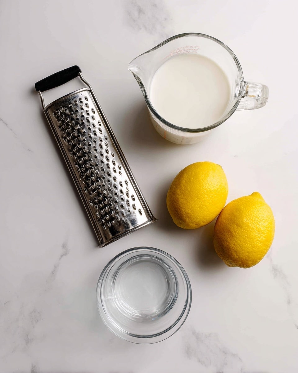 The image shows four main items arranged on a white marbled texture: on the left, a large metal grater with a black handle; in the center, a clear glass measuring cup filled with milk; below it, a small clear glass bowl that is empty; and on the right, two whole bright yellow lemons placed side by side. The items are neatly spaced apart and the overall look is clean and simple. photo taken with an iphone --ar 4:5 --v 7