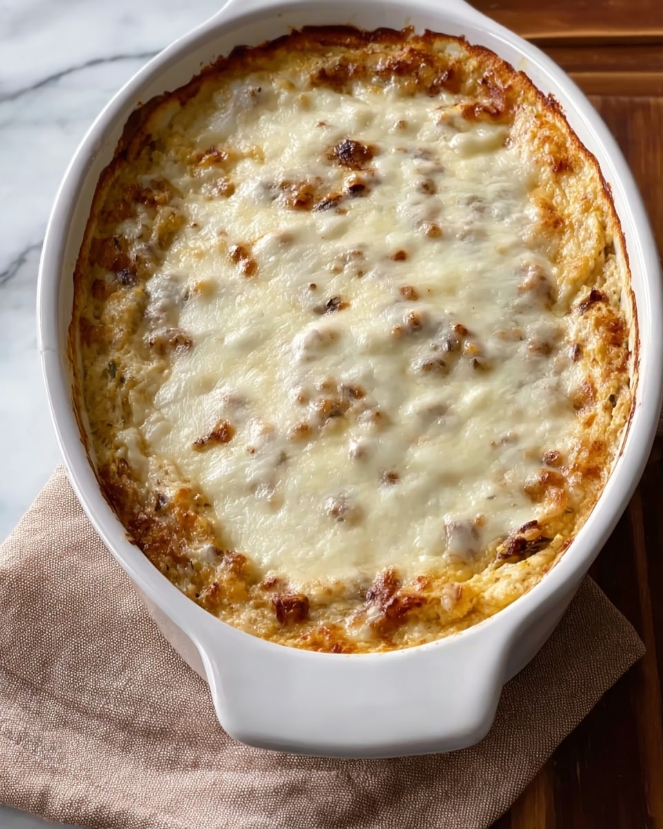 A white oval dish holds a baked casserole with two clear layers visible from the top: the bottom layer is a golden-brown cooked mixture with small bits of ingredients visible throughout, and it is topped evenly with a melted layer of white cheese, slightly browned at edges. The dish sits on a light brown cloth on a white marbled surface, and part of a wooden chair is visible in the background. The texture of the casserole top is smooth but with small bubbles and spots that show slight browning photo taken with an iphone --ar 4:5 --v 7