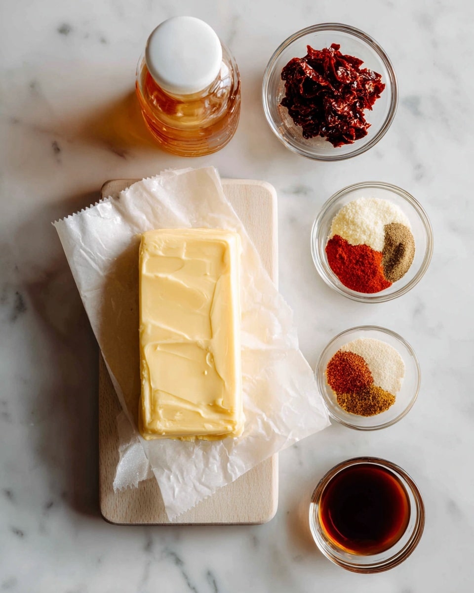 The image shows several ingredients placed on a white marbled surface. At the top left is a clear honey bottle with a white cap. Below it, a small clear bowl contains dark red chili crisp. In the center, a rectangular block of light yellow salted butter rests on parchment paper, which sits atop a light wooden board. To the right of the butter, a small clear bowl holds four spices: smoked paprika, black pepper, ginger powder, and cinnamon, each with distinct reddish, brown, and black tones. Below this bowl is a tiny clear cup with a small amount of dark amber vanilla extract. Each ingredient has a white label signaling its quantity and name. photo taken with an iphone --ar 4:5 --v 7
