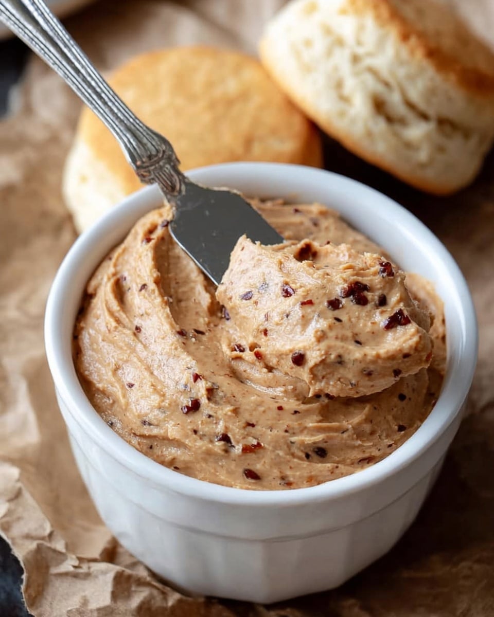 A small white ceramic bowl filled with a smooth, creamy brown spread that has visible small black and red specks throughout, creating a textured look. A silver butter knife is resting inside the bowl, lifting a thick dollop of the spread. In the background, there are three light golden biscuits with soft, fluffy textures, sitting on a crinkled brown paper surface. The overall setting suggests a simple, rustic breakfast or snack scene with a focus on the rich, flavorful spread. photo taken with an iphone --ar 4:5 --v 7