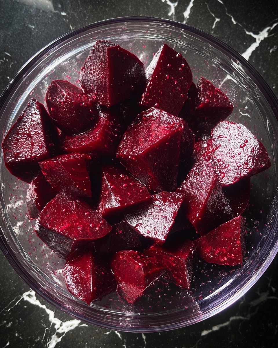 A transparent glass bowl filled with deep red, shiny beetroot pieces that are uneven but mostly triangular in shape, showing a smooth, glossy texture with small droplets of moisture visible on the surface, all resting on a dark surface replaced by a white marbled texture for contrast photo taken with an iphone --ar 4:5 --v 7