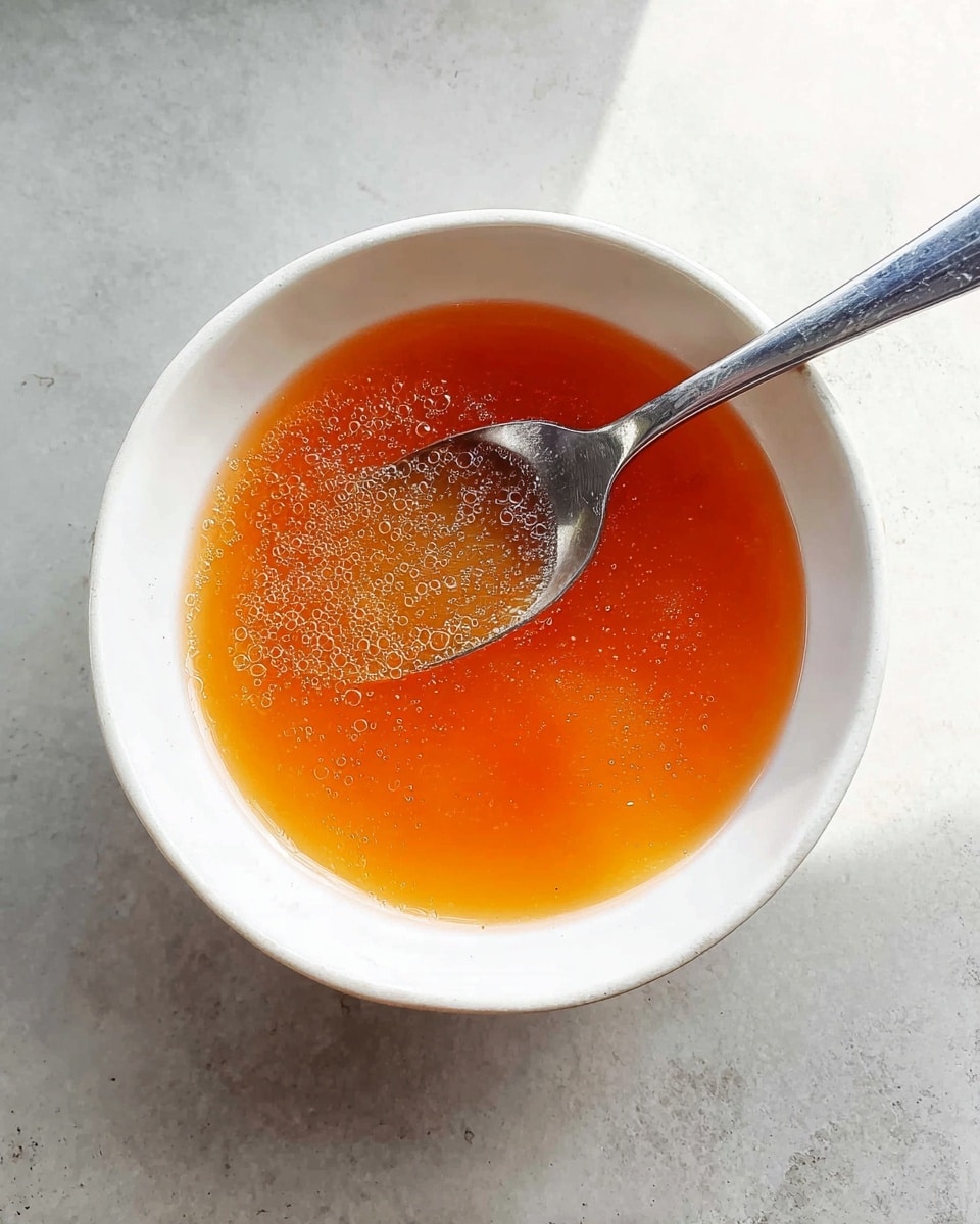 A white ceramic bowl filled with an orange, translucent liquid that looks smooth and slightly shiny, with small bubbles visible on the surface. A silver spoon is placed inside the bowl, its handle extending toward the top right corner. The bowl sits on a white marbled surface that offers a clean and bright contrast to the warm color of the liquid. photo taken with an iphone --ar 4:5 --v 7