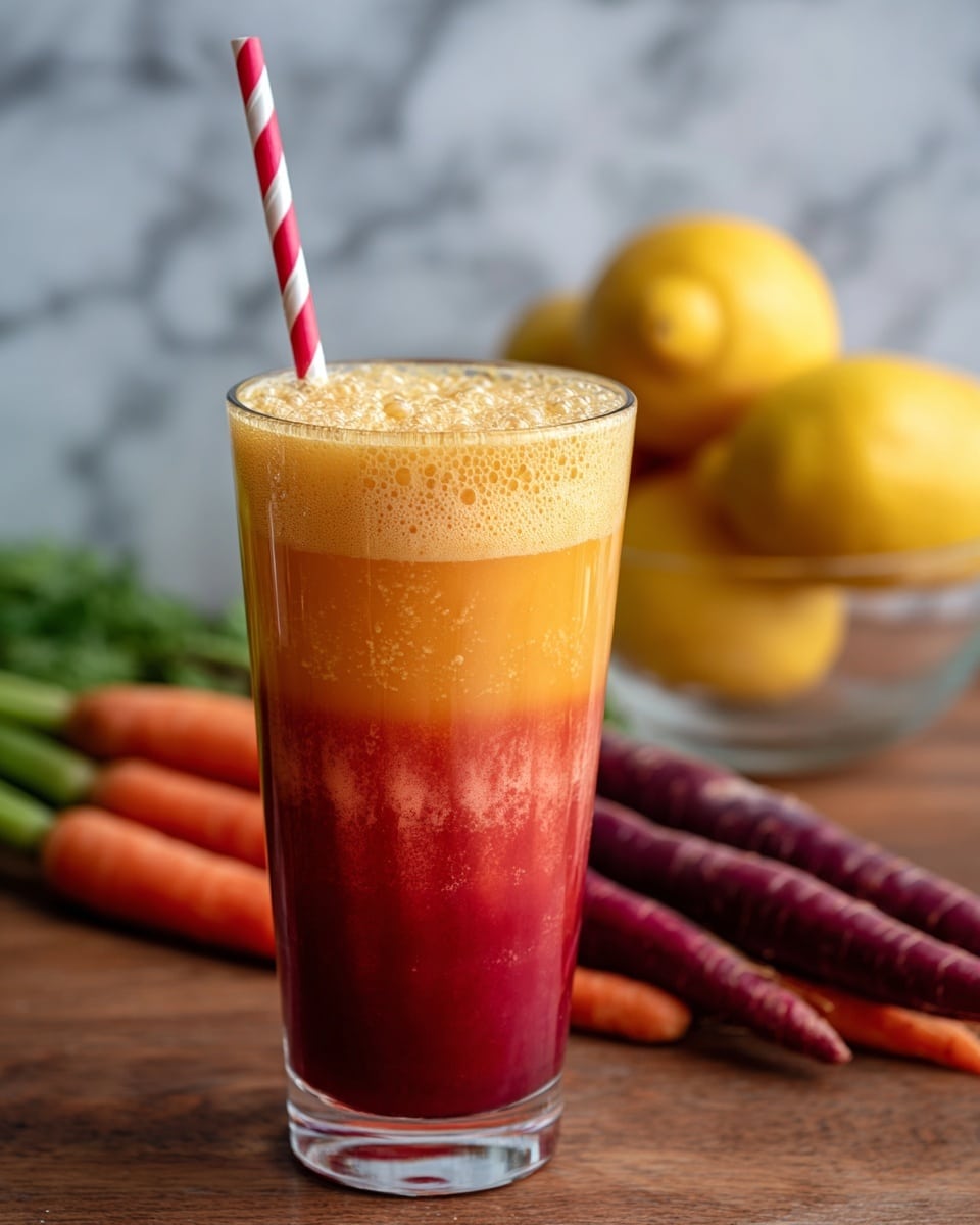 A tall clear glass filled with a two-layered juice, the bottom layer is a deep red color while the top layer is bright orange with froth on the surface. A red and white striped straw is placed in the glass. In the background, there is a clear glass bowl on a wooden table, inside the bowl are whole yellow lemons, orange carrots, green celery stalks, and a purple root vegetable. The background surface is a white marbled texture. The focus is on the glass of juice with the bowl softly blurred behind it. Photo taken with an iphone --ar 4:5 --v 7