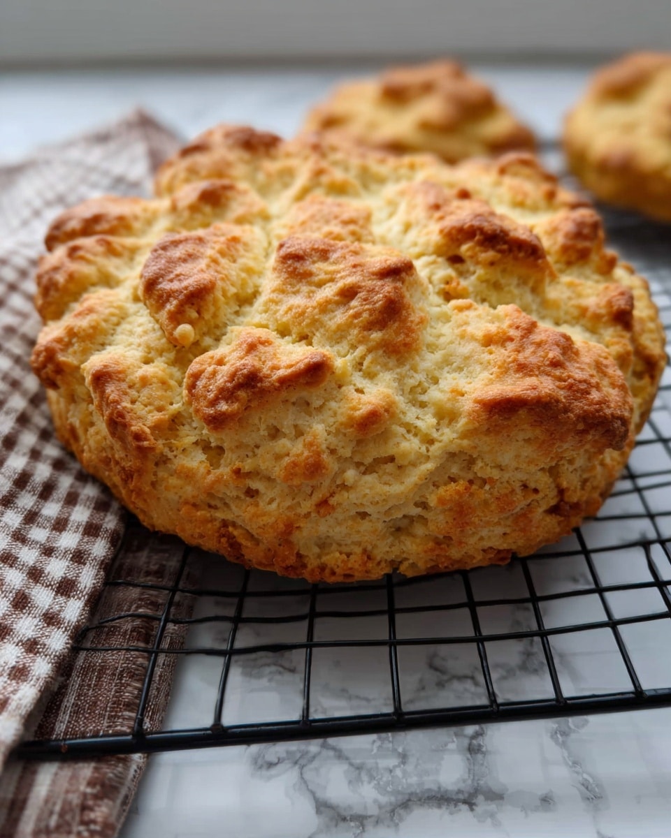 A round homemade biscuit with a golden brown top, showing an uneven, rough texture with small peaks and darker browned spots scattered across the surface. The biscuit is placed on a black wire cooling rack, which rests on a white marbled surface. A corner of a brown and white checkered cloth is visible beside the rack. The biscuit looks thick and rustic, with visible cracks and a crumbly appearance, highlighting its fresh baked nature. photo taken with an iphone --ar 4:5 --v 7