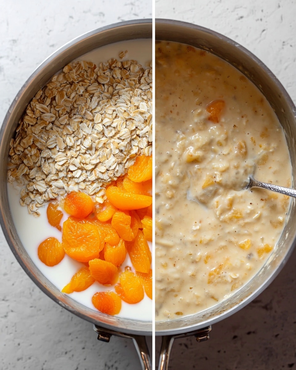 The image shows two side-by-side views of a cooking pot with ingredients for a creamy oatmeal dish. On the left side, the pot is filled with three layers: the bottom layer is white milk, the right half is covered with light brown rolled oats, and the left half contains bright orange apricot pieces, all clearly separate. On the right side, the pot has a creamy beige mixture with a thick texture, where bits of apricot are mixed inside but still visible. A spoon is partly submerged in the creamy mixture. Both images are set on a white marbled surface. photo taken with an iphone --ar 4:5 --v 7