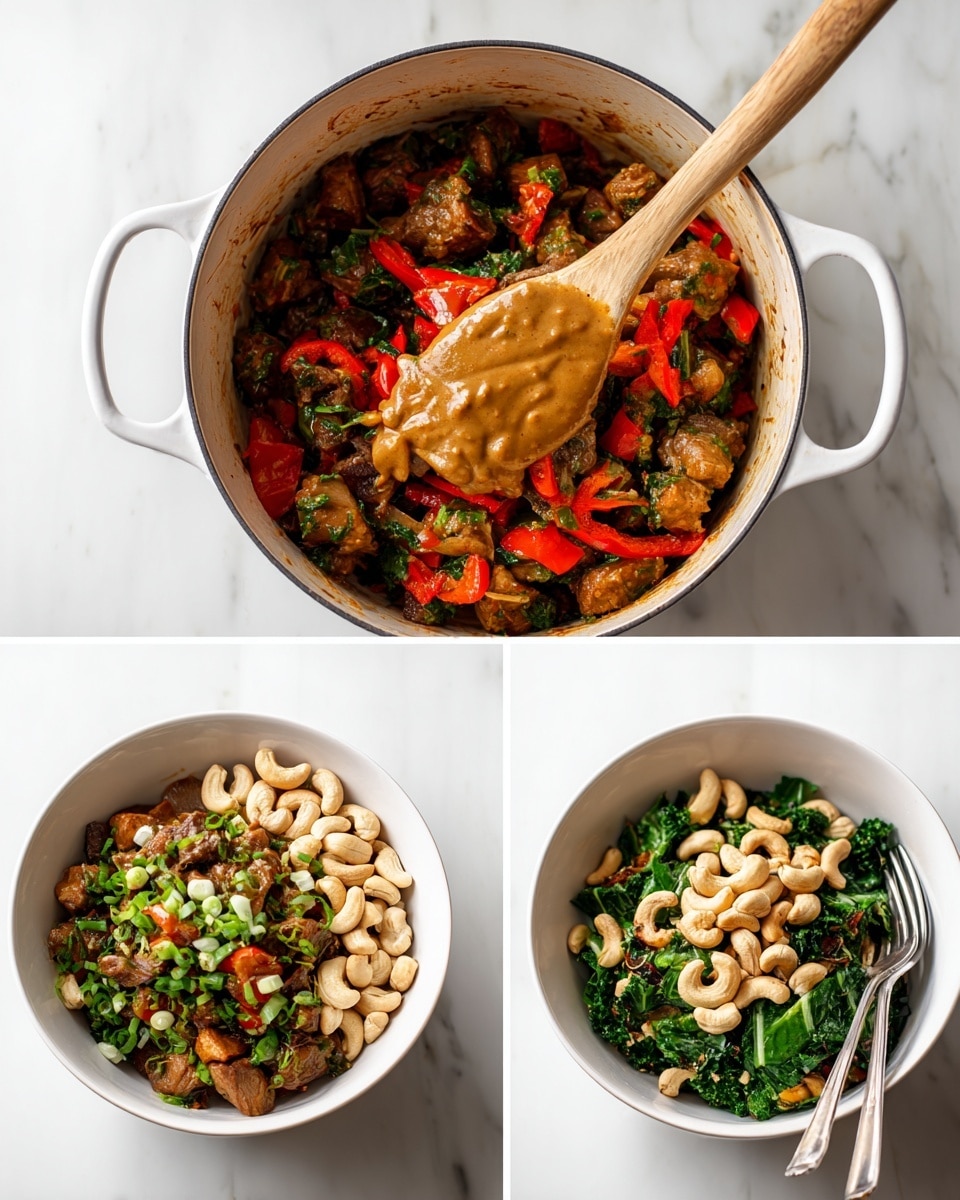 The first image shows a white pot with cooked chunks of meat mixed with red bell pepper pieces and green vegetable bits, topped with a dollop of creamy brown sauce being spread with a light wooden spoon. The second image in the white pot has the meat and vegetables now coated in sauce with a pile of whole white cashew nuts on one side, the spoon resting in the mix. The last image presents the finished dish in a white bowl, layered at the bottom with green leafy vegetables, topped with saucy meat and vegetable pieces scattered with whole cashews and sliced green onions, placed on a white marbled surface with a silver fork beside the bowl. Photo taken with an iphone --ar 4:5 --v 7