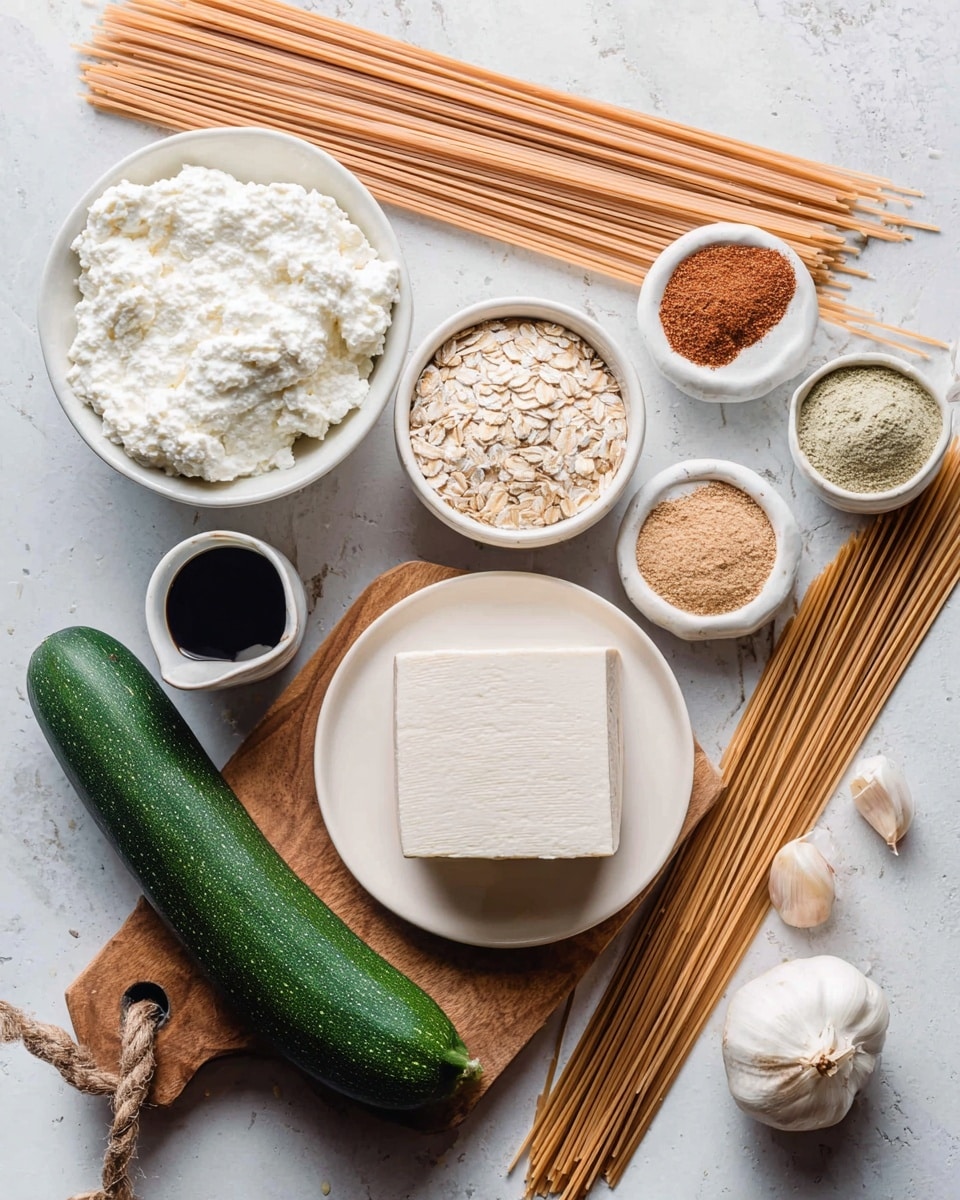 The image shows a top view of several cooking ingredients arranged on a white marbled surface. At the center bottom, a white plate holds a block of light-colored tofu with a smooth texture. To the left, a bowl is filled with white, creamy ricotta cheese. Next to it, a small white cup contains a dark liquid, likely soy sauce or balsamic vinegar. Beside these, a whole green zucchini lies horizontally, partially on a wooden cutting board with a natural brown texture and a rope loop on the handle. Above the tofu, uncooked brown spaghetti spreads out in a fan shape. To the top left, two white bowls hold dry ingredients: one filled with oatmeal-like flakes, and the other divided into sections holding different powdered spices – reddish-brown, white, greenish, and light brown. At the top right, a whole head of garlic rests with a few cloves separated near it. The overall layout is clean and organized, with a mix of soft, flaky, and solid textures, and a natural color palette of whites, browns, greens, and reds. Photo taken with an iphone --ar 4:5 --v 7
