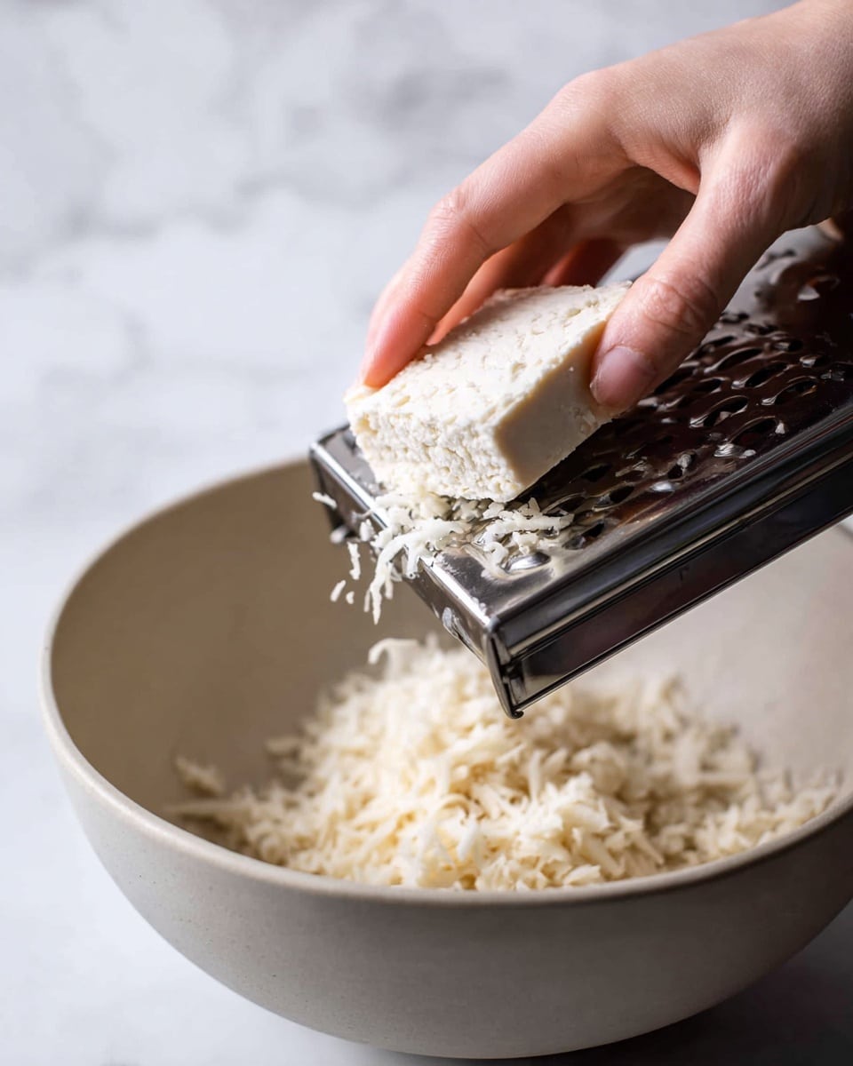 A close-up image shows a woman's hand holding a soft white cheese block, rubbing it against a metal grater to shred it. The cheese is light cream in color with a slightly crumbly texture. Shredded cheese pieces fall into a large white bowl below, which has a smooth matte finish. The background features a white marbled texture that softly reflects light. Photo taken with an iphone --ar 4:5 --v 7