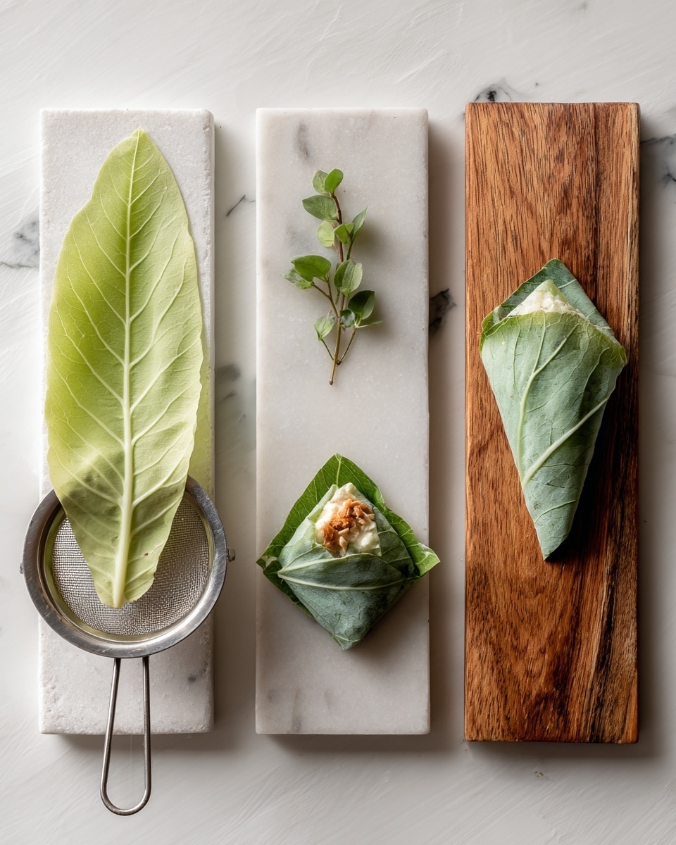 The image shows three stages of making a wrapped food item on a white marbled surface with a wooden board edge on the right. The first stage on the left side features big, pale green, soft-looking leaves placed in a silver strainer. The second stage in the middle shows one pale green leaf laid out flat on a white marble surface with a brown wooden edge, with a small amount of a brown and white filling placed near the bottom. The leaf is partially rolled from the bottom left corner, forming a narrow triangle shape. The third stage on the right side shows the same leaf fully folded into a tight triangle, enclosing the filling inside, resting on the white marbled surface with the wooden edge on the right. photo taken with an iphone --ar 4:5 --v 7