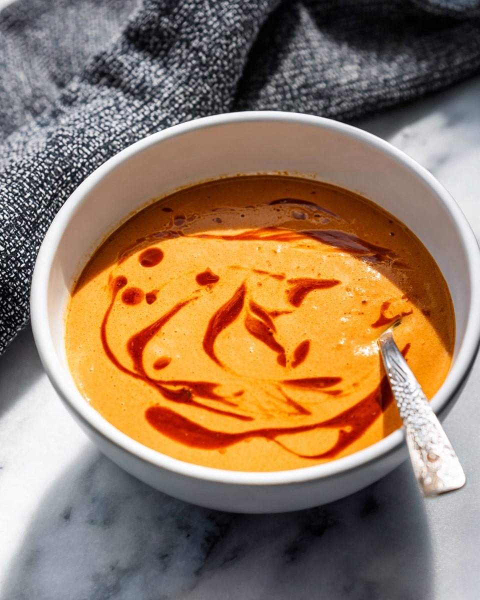 A white bowl filled with a smooth, creamy light orange soup or sauce, topped with swirls of darker red sauce spread artfully across the surface. A metal spoon with a decorative handle is placed inside the bowl on the right side. The bowl sits on a white marbled surface with a textured dark gray cloth partially visible in the background. The lighting is bright and natural, highlighting the glossy texture of the soup. photo taken with an iphone --ar 4:5 --v 7