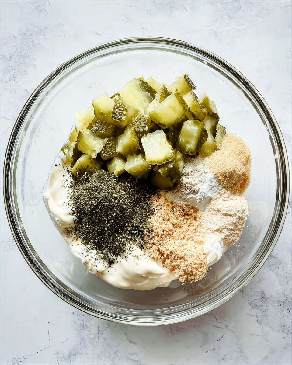 A clear glass bowl contains a mix of ingredients layered distinctly. On the top left is a pile of chopped pickles in green shades with a shiny texture. Below the pickles to the bottom left is a dark green powder, likely dill weed, with a fine texture. To the right of the dill is a creamy white layer of mayonnaise or similar sauce. Above this sauce, toward the center right, are small piles of light beige and pale brown powders, possibly spices, arranged close to each other. The bowl sits on a white marbled surface. Photo taken with an iphone --ar 4:5 --v 7