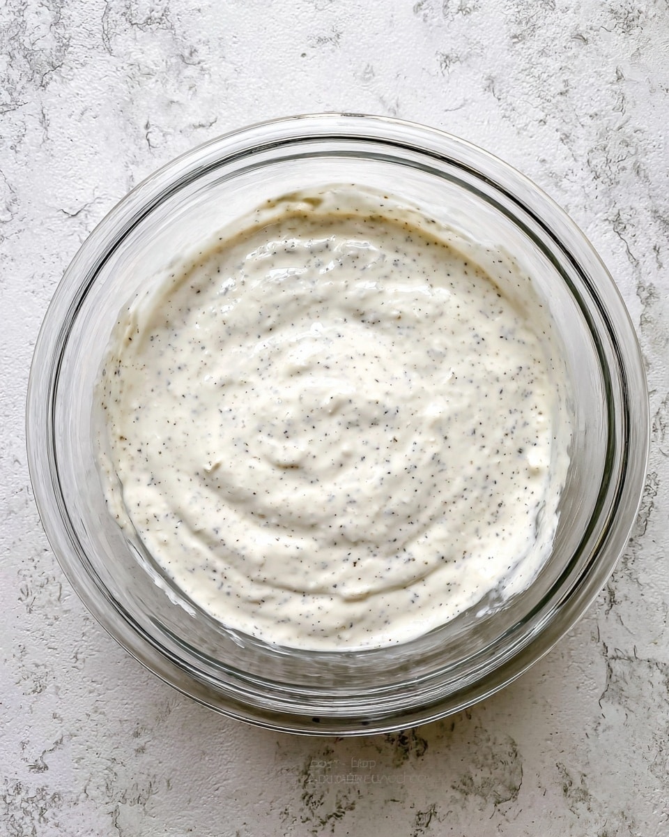A clear glass bowl filled with a creamy white sauce that has small dark specks evenly mixed throughout, giving it a smooth and slightly chunky texture. The bowl sits on a white marbled surface, and the sauce fills the bowl almost to the top, showing subtle peaks and swirls in the mixture, indicating a thick consistency. Photo taken with an iphone --ar 4:5 --v 7