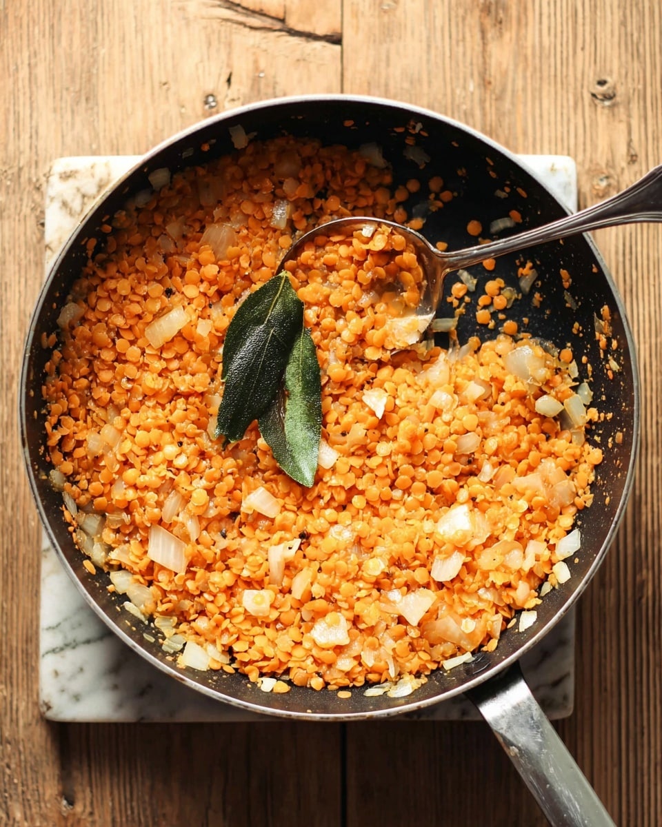 A round black cooking pan filled with a mix of small orange lentils and chopped translucent white onions, with a single whole green bay leaf resting on top, sitting on a wooden surface. A silver spoon is partially submerged in the lentil and onion mixture close to the right side of the pan, showing a small scoop of the ingredients. The pan handle extends toward the bottom right corner with a white marbled texture below. photo taken with an iphone --ar 4:5 --v 7