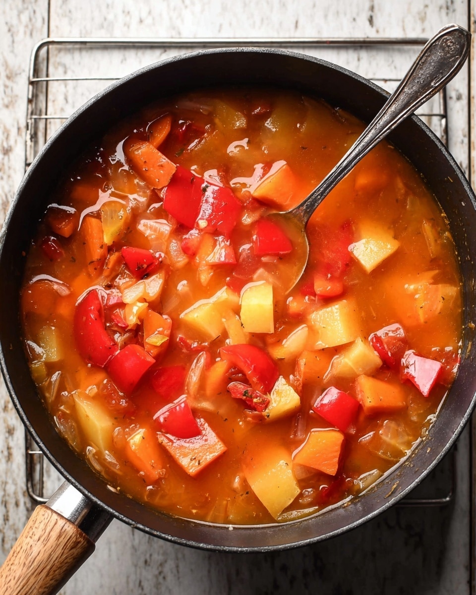 A top view of a black pan filled with chunky vegetable soup placed on a white marbled texture. The soup has a rich orange-red broth with visible pieces of bright red bell pepper, orange carrot slices, pale yellow potato cubes, and translucent chopped onions, all mixed together well. A silver spoon rests inside the pan, partially submerged in the soup. The pan is set on a wire rack over the white marbled surface. Photo taken with an iphone --ar 4:5 --v 7