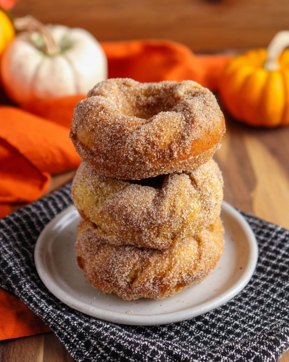 Three soft cinnamon sugar donuts are stacked on top of each other, resting on a white plate with a black checkered cloth. Each donut is a warm golden brown color with a rough sugary texture on the outside, showing layers of twisted dough. In the background, a wooden surface with small orange and white pumpkins and an orange cloth add a cozy feel. photo taken with an iphone --ar 4:5 --v 7