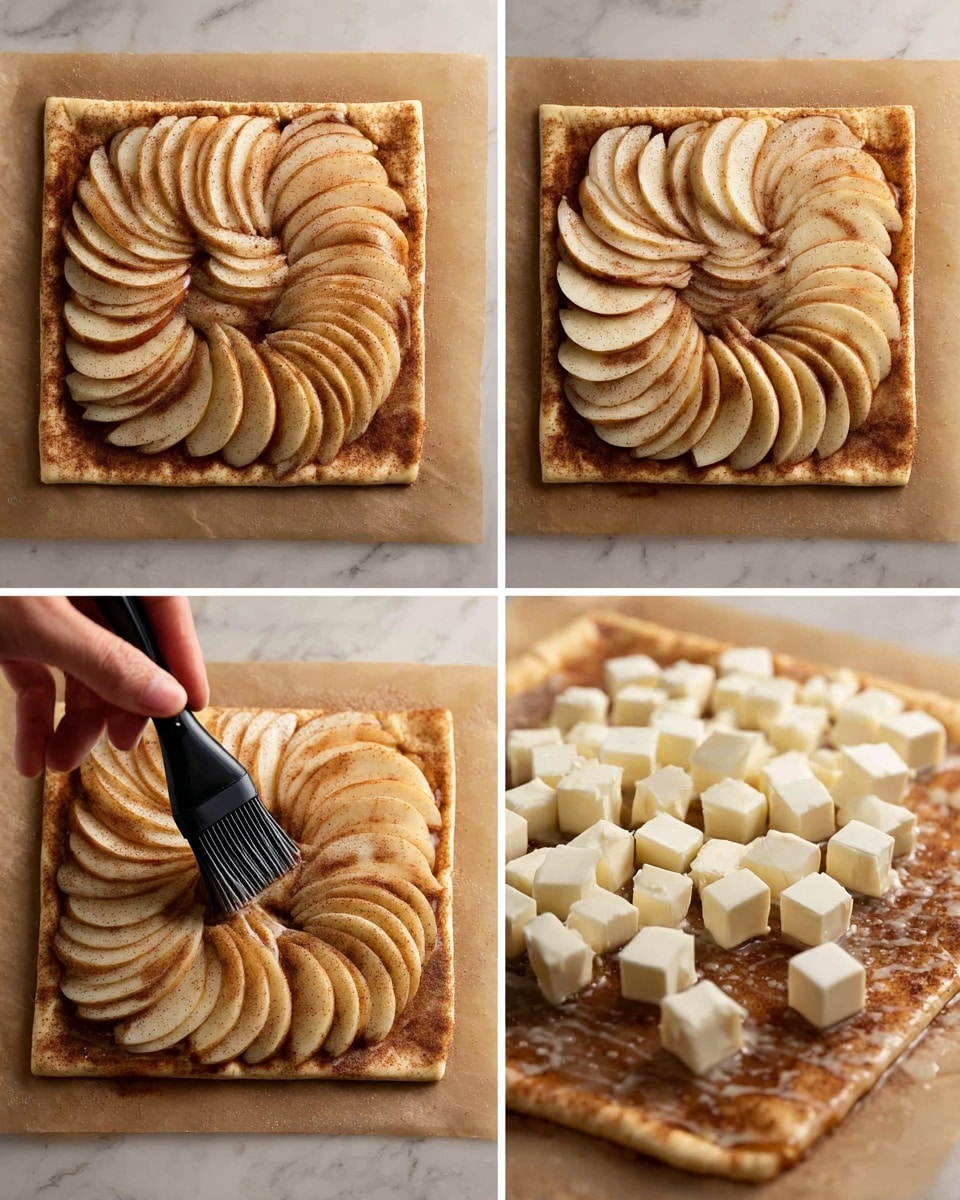 The images show a square puff pastry sheet laid flat on brown parchment paper over a white marbled texture. On top of the pastry, there is a layer of thinly sliced apples arranged in a neat circular pattern covering almost the whole surface, with a light sprinkling of cinnamon sugar creating a brown, grainy texture over the apple slices. In the second image, a woman's hand is seen holding a black brush, brushing a clear glaze over the apples and cinnamon sugar. In the third image, small evenly spaced cubes of butter are placed on top of the apples and cinnamon sugar, adding soft white dots to the layered composition. Photo taken with an iphone --ar 4:5 --v 7