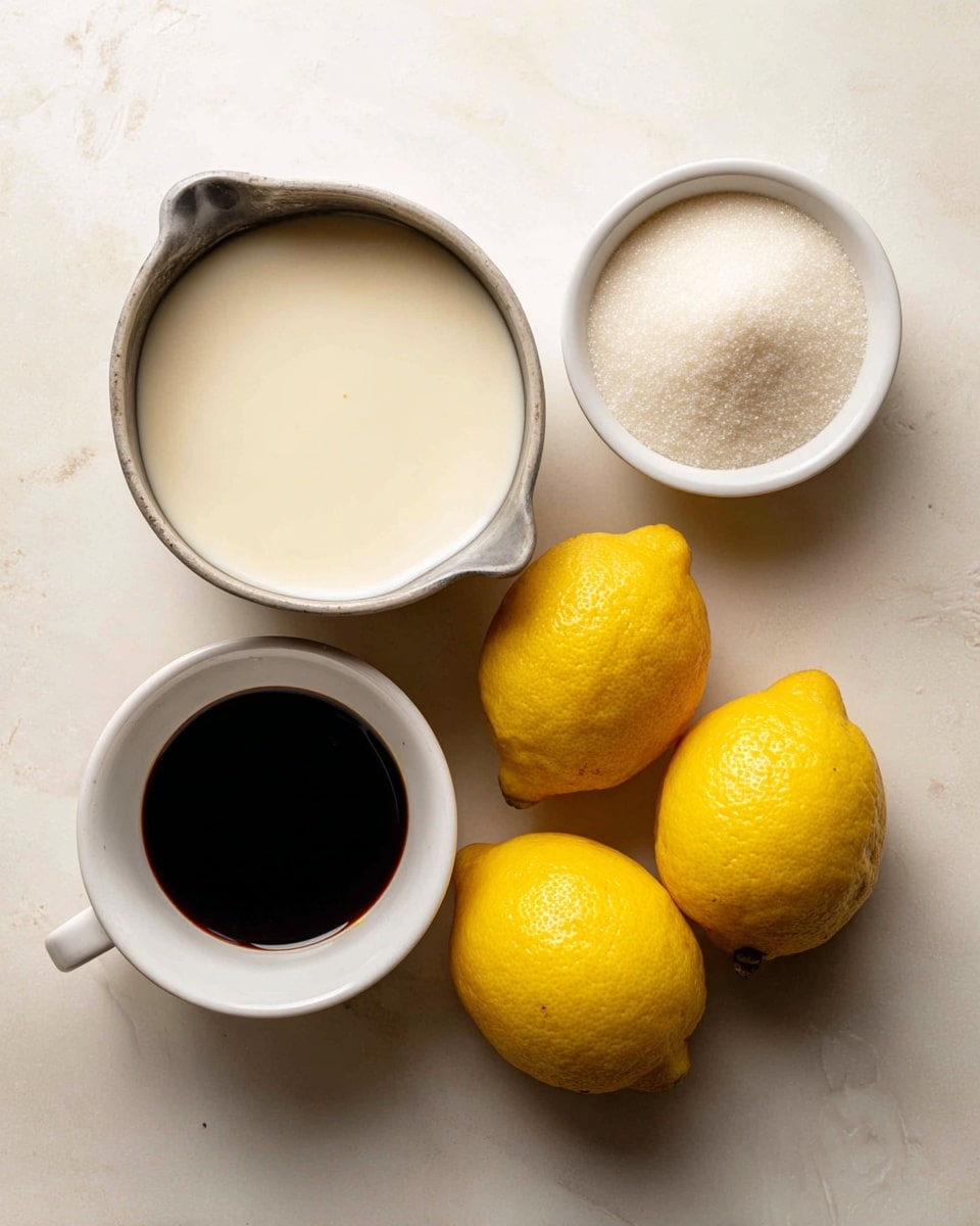 The image shows four main things on a white marbled surface. On the left, there is a metal small pot with heavy cream inside, filled almost to the top, looking smooth and light. Below it, there is a white small bowl filled with white sugar, grainy in texture. To the right, there is a white small cup with dark vanilla extract, shiny and liquid. Next to the cup, there are three bright yellow lemons with smooth, slightly shiny skin, grouped close together. Photo taken with an iphone --ar 4:5 --v 7