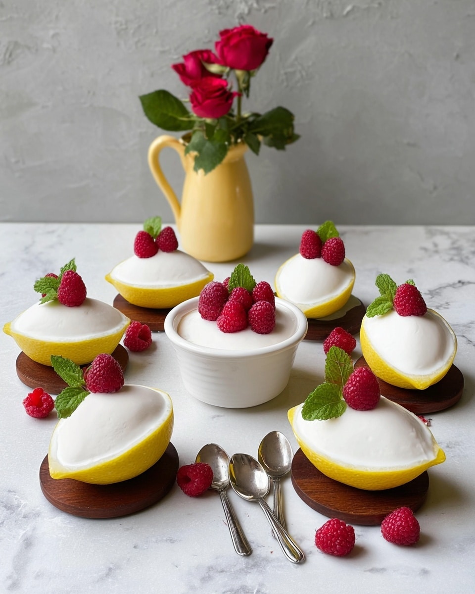 The image shows six lemon-shaped white dessert shells filled with smooth, white cream, each placed on a small round wooden base. On top of each cream layer, there are two or three bright red raspberries and a small green mint leaf for decoration. In the center, there is a white bowl also filled with the same white cream, topped with three raspberries and two mint leaves. Scattered around the desserts are extra raspberries and mint leaves. Two silver spoons lie on the white marbled surface near the desserts. At the back left, there is a small yellow ceramic jug holding red roses with green leaves. All items are arranged on a white marbled surface with a light gray textured background. photo taken with an iphone --ar 4:5 --v 7