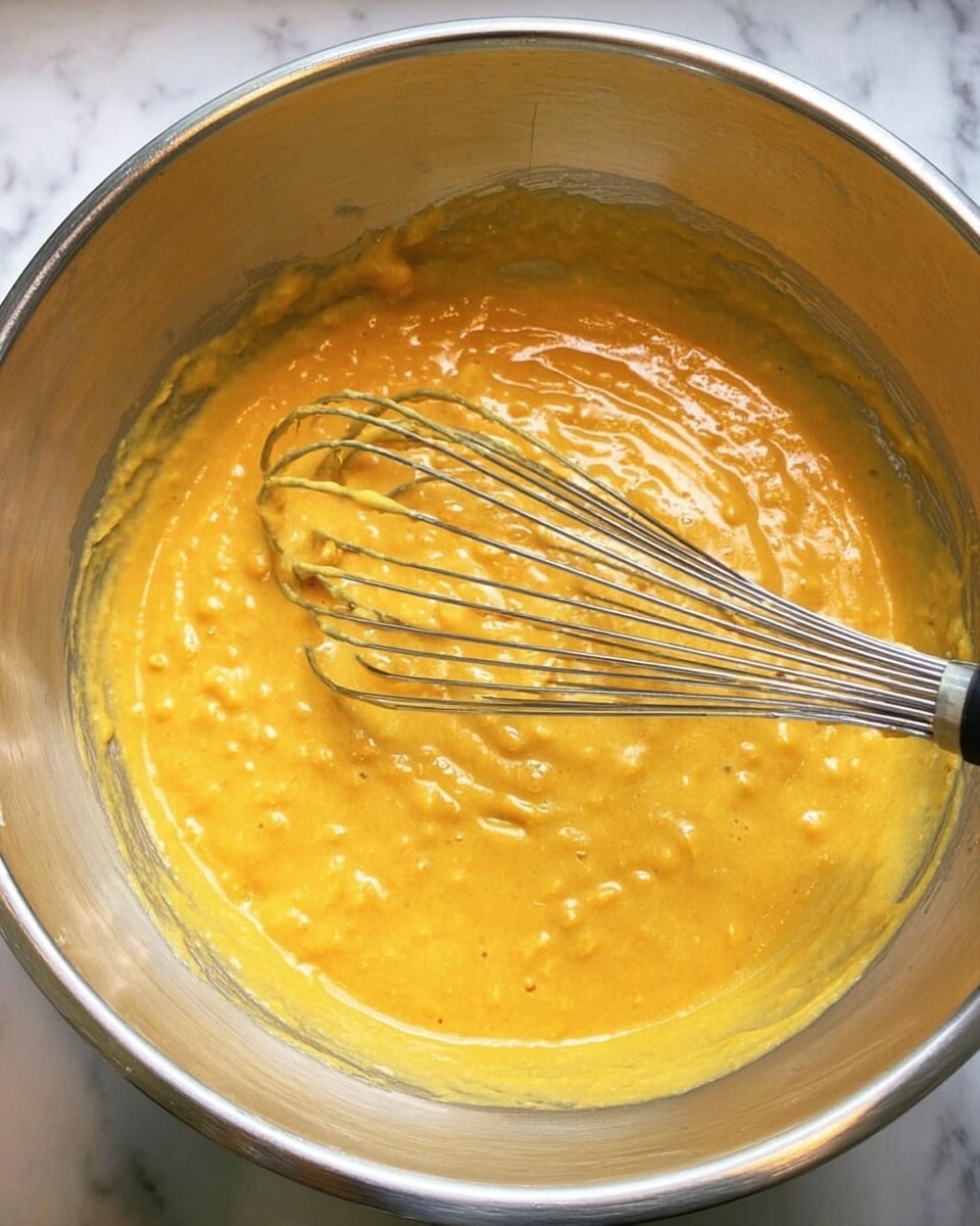 A shiny metal bowl filled with thick, smooth, orange-yellow batter with small lumps is shown. A metal whisk with some batter on its wires lies in the bowl, resting on the batter’s surface. The bowl is held by a woman's hand, and the background is a white marbled texture. photo taken with an iphone --ar 4:5 --v 7