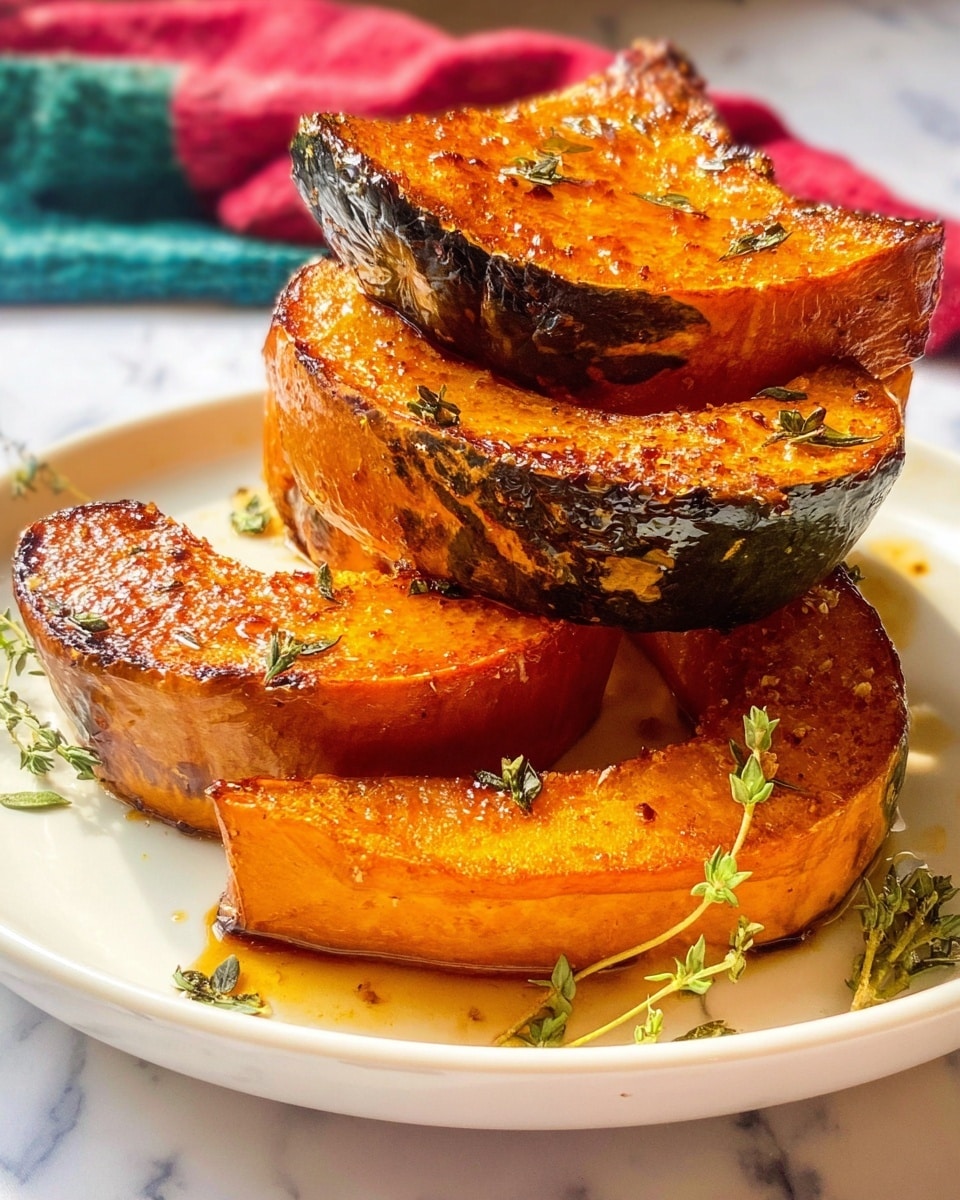 The image shows four thick slices of roasted orange pumpkin with dark green edges, stacked unevenly on a white plate. The pumpkin pieces have a shiny, caramelized surface with some slightly burnt spots, giving them a rich golden-brown color. Small green herb leaves are scattered on and around the pumpkin, adding a fresh touch. The setting includes a soft, blurred background with red, green, and blue fabric textures, while the plate rests on a white marbled surface. photo taken with an iphone --ar 4:5 --v 7