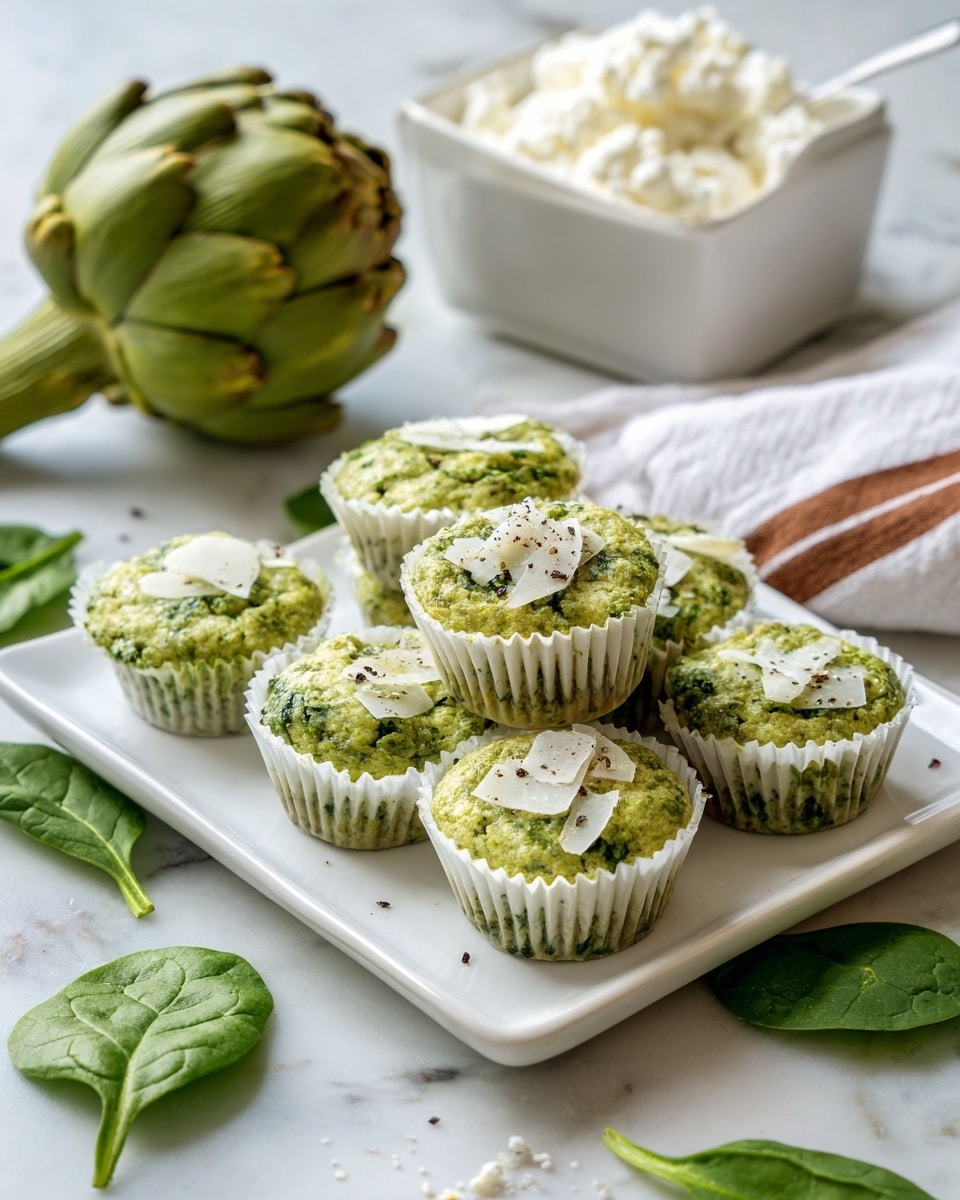 A white square plate holds a small pile of seven green mini muffins with a rough texture, topped with thin white cheese shreds and small black pepper specks. The muffins appear soft and moist, each sitting in a white paper cup. Around the plate on a white marbled texture surface, fresh green spinach leaves are scattered. To the top left of the plate sits a whole whole artichoke with green leaves and a thick stem, resting on a white towel with a brown stripe. Behind the plate, slightly blurred, is a small white square bowl full of white cottage cheese with a shiny silver spoon resting inside. Photo taken with an iphone --ar 4:5 --v 7