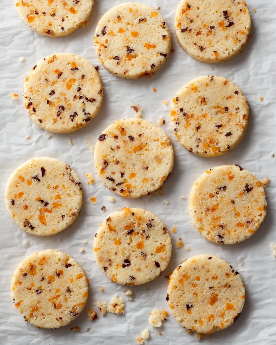 The image shows twelve round, pale beige cookies spread out on crinkled white parchment paper over a white marbled surface. Each cookie is flat with smooth edges and is dotted evenly with small orange and dark brown pieces embedded throughout. The cookies have a slightly crumbly texture, and a few small crumbs are scattered around them. The overall look is simple and clean with the cookies evenly spaced and the light color of the dough contrasting with the colorful pieces inside the cookies. photo taken with an iphone --ar 4:5 --v 7