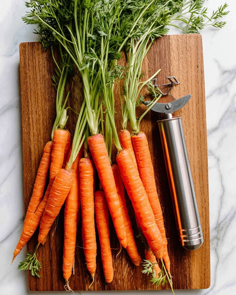 A bunch of fresh orange carrots with green tops spread out on a wooden cutting board, showing a mix of sizes and textures from thin and long to thick and short, with some carrots having small green leaves still attached. Next to the carrots lies a metal vegetable peeler with a gray handle, placed diagonally on the board. The background is a white marbled texture. photo taken with an iphone --ar 4:5 --v 7