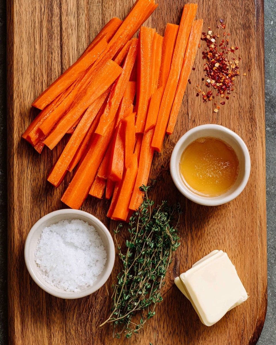 The image shows a wooden board with several peeled orange carrot sticks placed on the left side, varying in length and thickness. On the right side, there are small white bowls, one filled with coarse white salt and another containing golden honey. Near the bottom right corner, a small block of white butter sits on the board, while sprigs of fresh green thyme and a small pile of red pepper flakes rest between the bowls and the carrots. The overall setting is simple and rustic, with the wooden texture of the board providing a natural background. Photo taken with an iphone --ar 4:5 --v 7