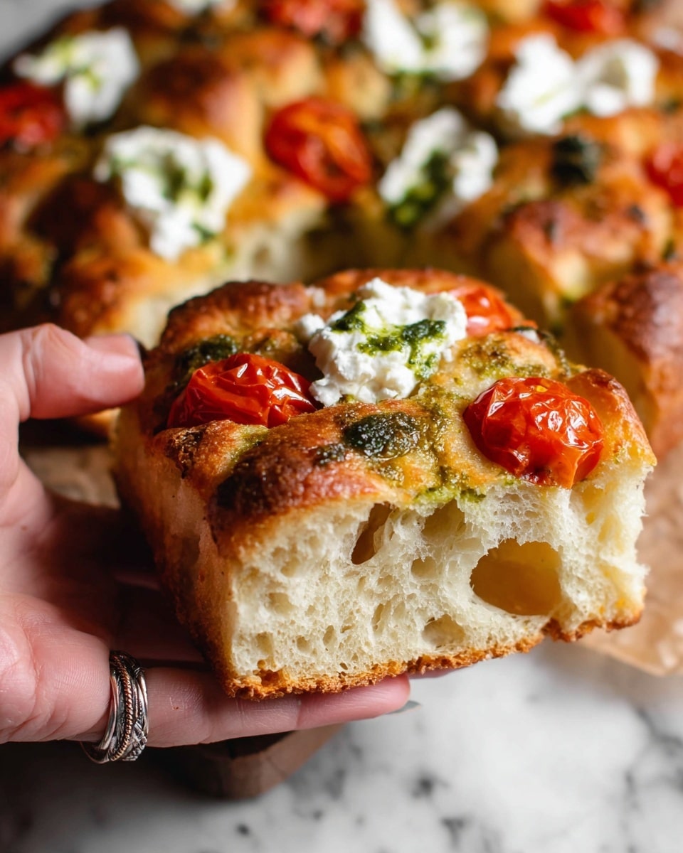A close-up view of a thick, airy slice of golden brown focaccia bread held by a woman's hand with a silver decorative ring, showing its soft, porous inside texture with small air holes. The top of the focaccia is crispy with roasted cherry tomato halves embedded, and dollops of white creamy ricotta cheese placed around with green pesto sauce spooned over the ricotta and tomatoes. The focaccia pieces are set on a white marbled surface, with more slices in the background, all topped with the same pesto, ricotta, and tomatoes. photo taken with an iphone --ar 4:5 --v 7