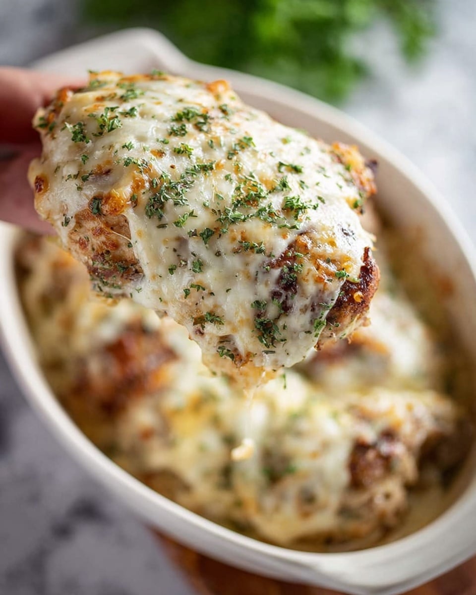A piece of baked chicken covered in melted cheese with green herbs sprinkled on top is being lifted by a woman's hand from a white oval dish. The chicken has a golden-brown color under the semi-melted white cheese, showing a textured surface with some browned spots. The white oval dish below is filled with more pieces of chicken covered in melted cheese and herbs, displaying a creamy, slightly bubbly texture. The scene is set on a white marbled surface with a blurred green background. Photo taken with an iphone --ar 4:5 --v 7