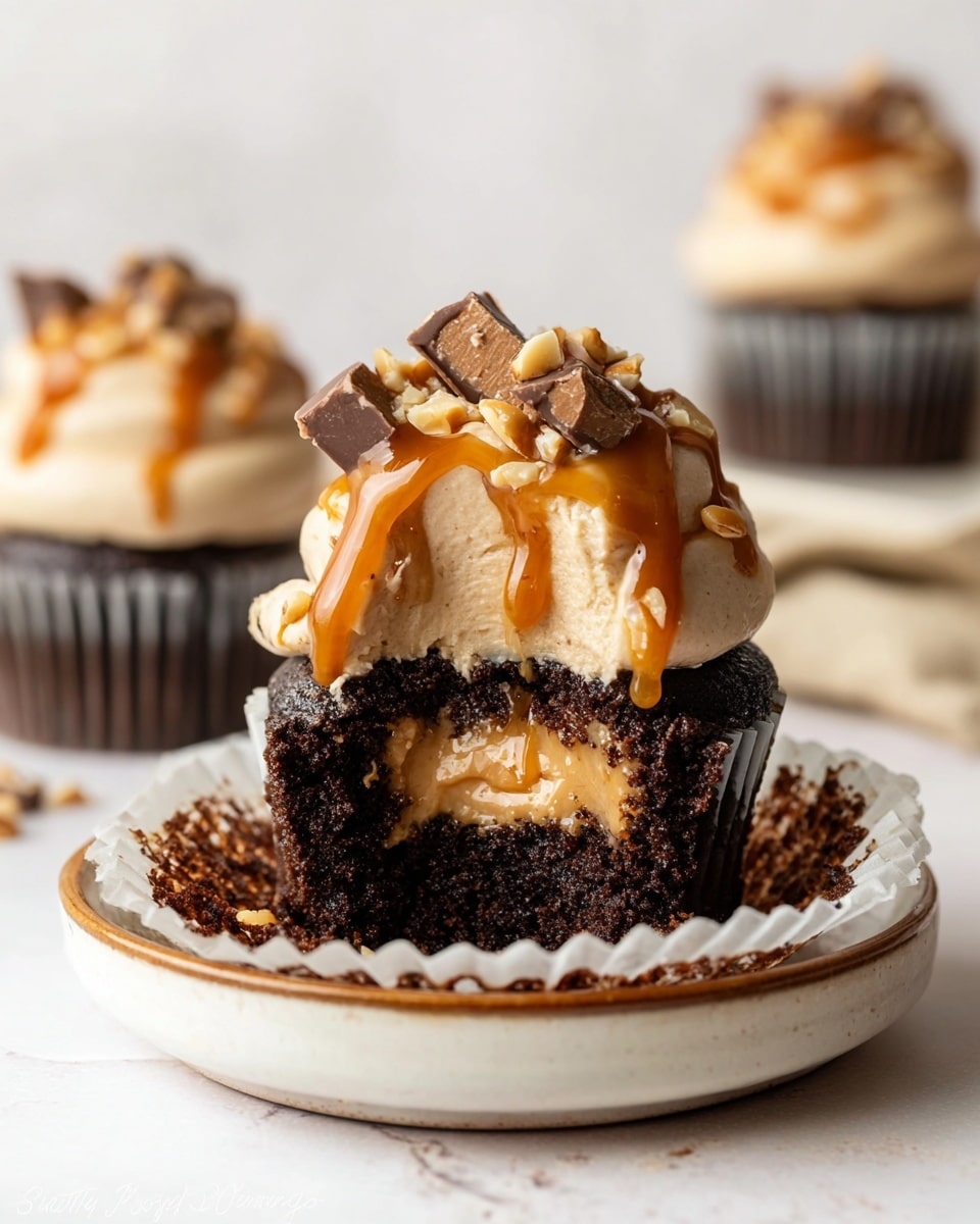 The image shows a close-up of a dark chocolate cupcake with three distinct layers. The bottom layer is a rich, dark chocolate cake with a soft texture. On top of the cake sits a thick, creamy caramel filling that is slightly oozing out. Above the caramel filling, there is a fluffy, light brown frosting layer that looks smooth and thick. The frosting is drizzled with caramel sauce and topped with small pieces of chocolate and nut candy. The cupcake is in a white paper liner, placed on a round white ceramic plate with a brown edge. The background is a white marbled texture with two more similar cupcakes blurred in the background. Photo taken with an iphone --ar 4:5 --v 7