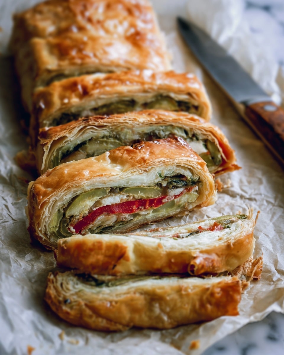 The image shows a golden brown flaky pastry roll sliced into thick pieces, revealing a colorful, layered inside. The outer layer is crispy and flaky, with light reflecting off its textured surface. Inside the roll, there are several visible layers: a pale green layer with a soft, smooth texture, a white layer that appears creamy, a bright red thin strip, and green vegetable layers in different shades, including light and dark green, with a slightly grilled or cooked look. The slices rest on crinkled parchment paper over a white marbled surface, and there is a knife with a wooden handle beside them. The focus is close-up, highlighting the texture and colors of the filling inside the pastry roll photo taken with an iphone --ar 4:5 --v 7