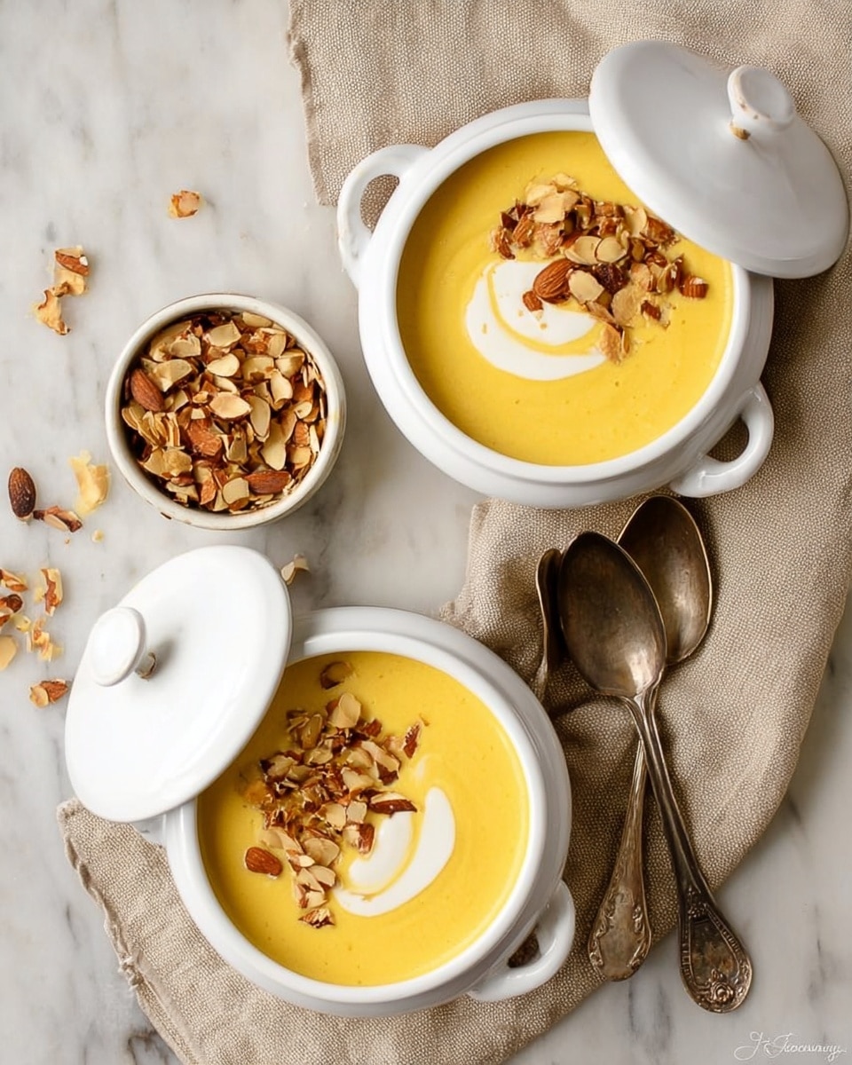 The image shows two white round bowls with lids, each filled with a smooth yellow soup topped with a swirl of white cream and a cluster of toasted sliced almonds and bits of nuts on one side. Between the bowls is a small white bowl filled with more toasted sliced almonds. The bowls and small bowl sit on a beige cloth over a white marbled surface. Two vintage silver spoons rest beside the bottom bowl. Parts of the bowl lids are visible at the top right and bottom right corners. Photo taken with an iphone --ar 4:5 --v 7
